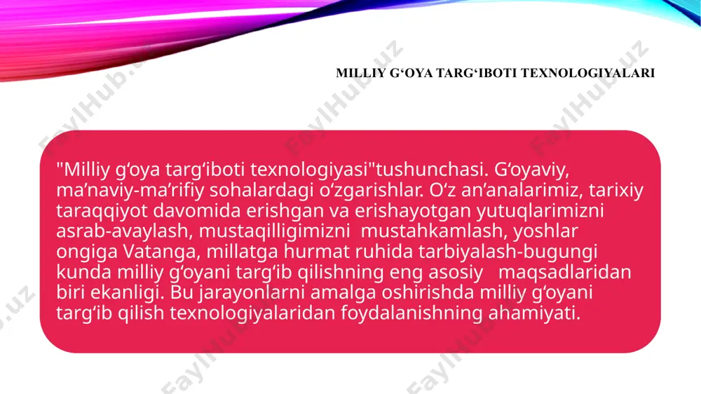 ng xilma-xilligi. bugungi kunda fanlarning keng aholi ongiga singdirishning ko‘pgina texnologiyalari mavjudligi. texnologiyalar jamiyatning barcha sohalarida o‘zining muhim o‘rniga ega ekanligi. boshqaruv, pedagogik, informatsion intellektual texnologiyalar. milliy g‘oya targ‘iboti texnologiyalarini ta’lim tizimida keng qo‘llash yo‘llari. tarbiya. fan va ilmiy muassasalar. madaniyat va madaniy-ma’rifiy muassalar. adabiyot va san’at. din. sport. oila. mahalla. mehnat jamoalari va birlashmalari. zamonaviy tafakkur va ilg‘or pedogogik usullardan foydalanish zarurligining mohiyati. pedagogik texnologiyalarning ko‘rinishlari - "ta’limiy texnologiya", "pedogogik texnologiya", "tarbiya texnologiyasi", "rivojlantirish texnologiyalari". milliy g‘oyani targ‘ib qilishda ularning o‘rni va ahamiyatining oshib borishi. milliy g‘oya targ‘iboti texnologiyalari; shakllari, sohalari va yo‘nalishlari milliy g‘oya targ‘ibotini tashkil qilishning psixologik, pedagogik asoslari. milliy g‘oya targ‘ibotini tashkil qilishda yaxshi dastur tuzishning ahamiyati. dastur tuzishda e’tiborga olinishi lozim bo‘lgan jihatlar: milliy g‘oyaning samaradorligini oshirishning targ‘ibot texnologiyalariga ham bog‘liqligi. targ‘ibot texnologiyalarining samaradorligiga erishishda targ‘ib etish yangiliklarini, ta’limiy jarayonlardagi mustaqillikni ta’minlab berishi bilan ajralib turishi lozimligi. "izohli-tasviriy yondashuv" texnologiyalarida yangi yo‘nalish ekanligi. uning samaradorlik …