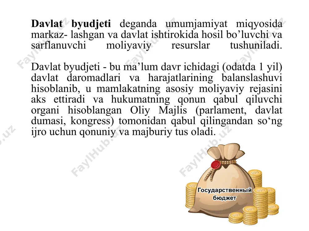 таркиби (давоми) умумдавлат солиқлари. маҳаллий солиқлар ва йиғимлар 6.сув ресурсларидан фойдаланганлик учун солиқ. 7.савдо ва умумий овқатланиш ташкилотларидан ялпи даромад солиғи. 8.божхона божи. 9..давлат божи. 10.қимматли қоғозларни рўйхатдан ўтказиш йиғими. 6.жисмоний шахслар четдан товарлар олиб келганлиги учун ягона божхона тўлови. 7.савдо ҳуқуқ йиғими. 8. ишбилармонлик билан шуғулланувчи юридик ҳамда жисмоний шахсларни рўйхатдан ўтказиш йиғими. 9.бошқа тўловлар. 8 2. солиқларнинг турлари ва функциялари. иқтисодий моҳиятига кўра солиқлар эгри ва тўғри солиқларга ёки бевосита ва билвостага бўлинади. тўғри солиқларни бевосита солиқ тўловчиларнинг ўзи тўлайди, яъни солиқни ҳуқуқий тўловчиси ҳам, ҳақиқий тўловчиси ҳам битта шахс бўлади. бу солиқларга ҳамма даромаддан тўланадиган ва барча мулк солиқлари киради. 9 2. солиқларнинг турлари ва функциялари. эгри солиқларни ҳуқуқий тўловчилари маҳсулот (иш, хизматни) юклаб юборувчилардир (хизмат кўрсатувчилардир). лекин солиқ оғирлигини ҳақиқатдан ҳам бюджетга тўловчилари товар (иш, хизмат) ни истеъмол қилувчилардир. бу солиқлар товар (иш, хизмат) кийматига устамага ўхшаб қўшилади. 10 11 soliqlar soliqqa tortish obyektiga qarab to‘rt …
