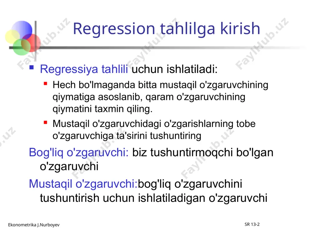 ning taxminiy modeli regressiyani baholash kesish regressiya qiyaligini baholash taxminiy (yoki bashorat qilingan) y qiymati mustaqil o'zgaruvchi shaxsiy tasodifiy xato shartlari eio'rtacha nolga ega ekonometrika j.nurboyev sr 13-9 eng kichik kvadratlar mezoni b0va b1b ning qiymatlarini topish orqali olinadi0va b1bu kvadrat qoldiqlar yig'indisini minimallashtirish ekonometrika j.nurboyev sr 13-10 eng kichik kvadratlar tenglamasi b uchun formulalar1va b0quyidagilar: algebraik ekvivalent: va ekonometrika j.nurboyev sr 13-11 b0x ning qiymati nolga teng bo'lganda y ning taxminiy o'rtacha qiymati b1- x ning bir birlik o'zgarishi natijasida y ning o'rtacha qiymatining taxminiy o'zgarishi bog`liqlik va kesishmaning talqini ekonometrika j.nurboyev sr 13-12 eng kichik kvadratlar tenglamasini topish koeffitsientlar b0va b1odatda excel yoki minitab kabi kompyuter dasturlari yordamida topiladi boshqa regressiya o'lchovlari ham kompyuterga asoslangan regressiya tahlilining bir qismi sifatida hisoblab chiqiladi ekonometrika j.nurboyev sr 13-13 oddiy chiziqli regressiyaga misol ko'chmas mulk agenti uyning sotish narxi va uning o'lchami (kvadrat futda o'lchangan) o'rtasidagi bog'liqlikni tekshirmoqchi. 10 ta uyning …