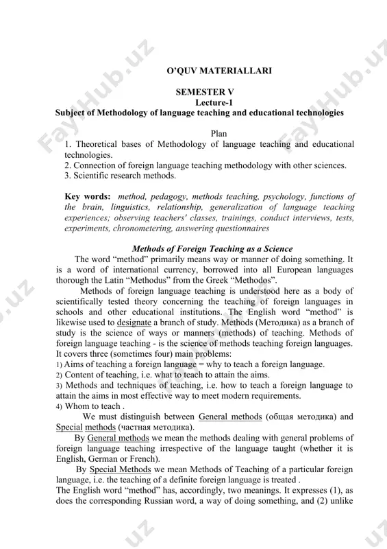 introduced in teaching foreign languages. now it has become one of the fundamental principles of didactics and is used in teaching all school subjects without exception. programmed instruction was first applied to teaching mathematics. now through didactics it is used in teaching many subjects, including foreign languages. it is the task of the specialist in methods of teaching foreign languages not only to seek for the best methods of imparting to the pupils knowledge and skills, and of training, them in good habits, but also to look out for the best means of educating the pupils through the subject with whose teaching he is concerned. pedagogy is an applied science. both divisions of it, in all their parts, in particular, foreign language method, are applied psychology. in foreign language teaching the teacher forms and develops in pupils’ pronunciation habits, lexical habits and other habits. since “habits” is the result of …