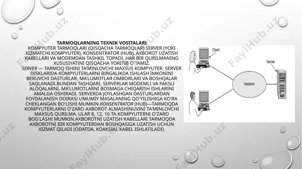 alohida elementlari ulangan joyi). boshqacha aytganda, tugunga shaxsiy, mini - va katta kompyuterlar, alohida tarmoq ham kiradi. masalan, umumiy foydalanish tarmoqlaridagi alohida kompyuterlar (boshqachasiga ularni stantsiyalar deb ham yuritishadi) tugunlarga misol bo’la oladi. unchalik katta bo’lmagan alohida tarmoqlar kampus tarmog’i uchun tugun bo’ladi. 4) tugunlar munosabatiga ko’ra: - bir xil rangli (peer-to-peer), uncha katta bo’lmagan, bir xil mavqega ega kompyuterlar (bu erda hamma kompyuterlar ham «mijoz», ya’ni tarmoqning oddiy foydalanuvchisi, ham «server», ya’ni tarmoq foydalanuvchilariga xizmat ko’rsatishni ta’minlovchi bo’lishi mumkin). macalan, windows 95 os tarmog’i tarqatilgan (distributed) tarmoqlar. bunda serverlar tarmoq foydalanuvchilariga xizmat ko’rsatadi, biroq tarmoqni boshqarmaydi; -server (server based) yoki markazlashgan boshqarishga ega tarmoqlar. bu erda tarmoqning bosh elementi serverdir. qolgan tugunlar serverning resurslaridan foydalanishi mumkin (masalan, novell netware, microsoft lan mananger va boshqalar). kompyuter tarmoqlari tarixi dunyoda ko‘plab kompyuter tarmoqlari (kt) ishlab turibdi. bulardan ba’zilari bilan tanishamiz. 1957 yil arpa (advanced research projects agency) tashkiloti tuzildi. 1960 – …