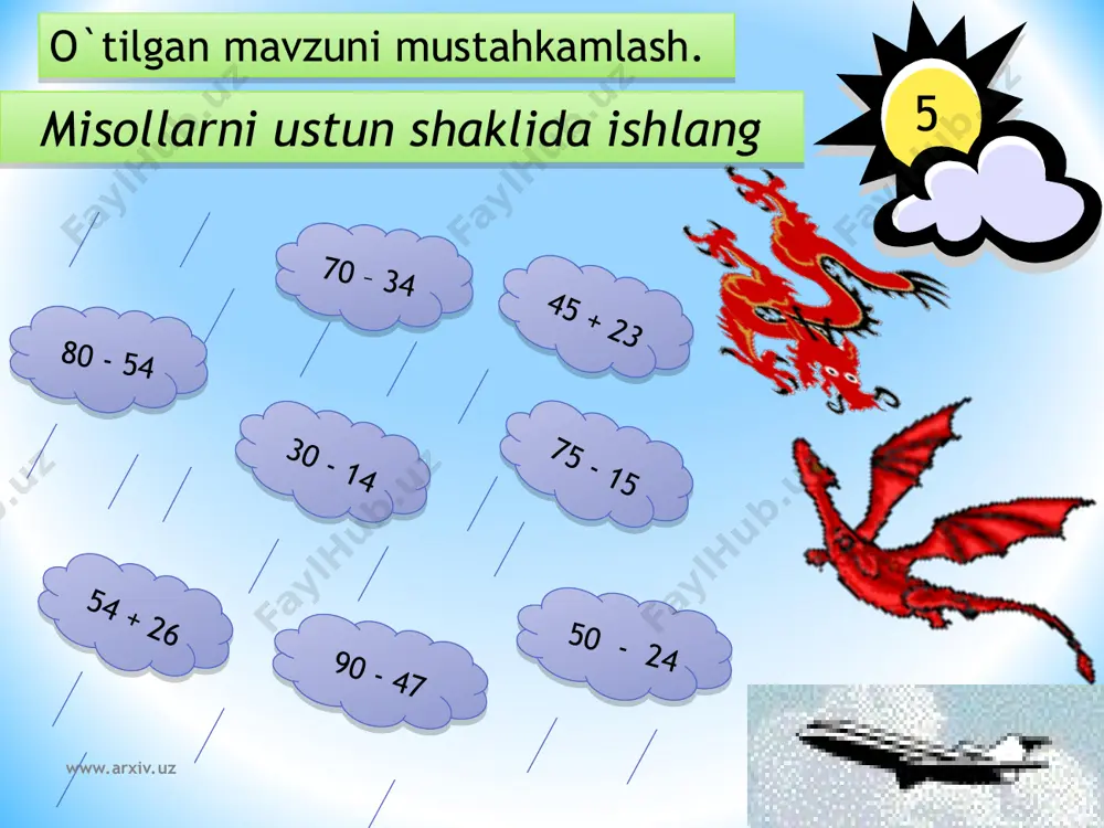 52 – 24 ko`rinishidagi ayirishning yozma usuli. sodda masalalarni ikki amalli masalaga aylantirib yechish - Page 5