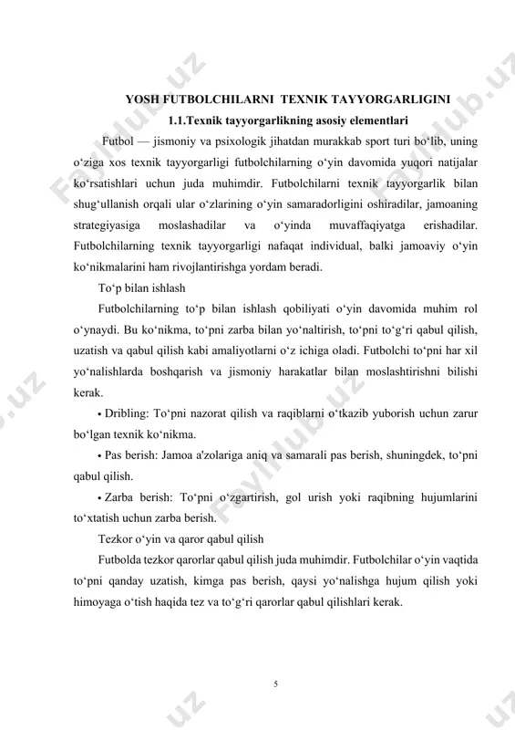 dan oldin harakat qilish uchun tezlikni va reaksiya vaqtini rivojlantirishga yo‘naltirilgan mashqlarni bajarishi kerak. bu mashqlar o‘yin davomida muvaffaqiyatli harakat qilishni ta'minlaydi. zamonaviylashuv har bir jabhada bo’lganidek zamonaviy futbolda ham yaqqol namoyon bo’lmoqda. futbolga berilayotgan e‟tibor va yurtoboshimiz rahnamoligida amalga oshirilayotgan isloxatlar samarasi o’laroq jamoalarimizning natijalari ko’lami ortib bormoqda. shu bilan bir qatorda kelajakda futbol egalari bo’lmish yosh futbolchilarni tayyorlashda bugungi kundagi musobaqalar taxlili muxim ahamiyat kasb etadi. shuning asosida jamoalarning xato va kamchilaklarini aniqlash va kelajak avlod vakillarida aynan ushbu xatolarni kamaytirish bugungi kun mutaxassisining asosiy vazifasidir. yosh futbolchilarga beriladigan umumiy jismoniy tayyorgarliklari va texnik –taktik mashqlarning fiziologik qiymati e‟tiborga olinmaydi. zamonaviy futbolga xos modellar bilan ishlanmayapti va mo’ljal qilinmaydi. hozirgi kunda bu ish dolzarb muammolardan biri hisoblanadi. futbol nazariyasi va uslubiyati fanida texnik harakatlarni o’rgatish nazariy va amaliy masalalarini tadqiq etish, mavzu yuzasidan innovatsion texnologiyalarni shakllantirish asosida o’qitishni takomillashtirish bo’yicha xulosalar va tasiyalar ishlab chiqishdan iborat. “futbol nazariyasi …