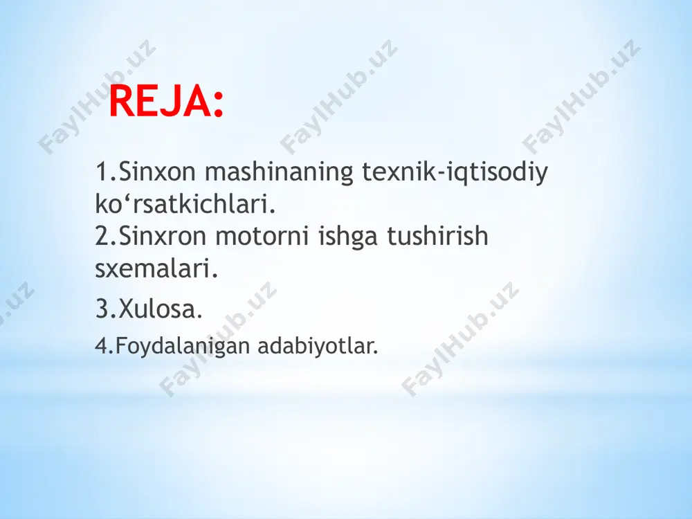 n foydalanilganda esa , ushbu nisbatning birinchi darajasiga proporsional ravishda kamayadi. shu sababli, ishga tushirishning avtotransformatorli usuli, sd ishga tushirilayotganda tarmoqdan istemol qili-nayotgan tokni ko‘proq darajada kamaytirish imkonni beradi. sinxron mashinani ishga tushirish tormozlash va revers qilish. ushbu sinxron motorni ishga tushirish asinxron motorga qaraganda bir biridan ancha farq qiladi.chunki sinxron motorning qo`zg`atish cho`lg`amiga o`zgarmas kuchlanish berib ishga tushuriladi. o`zgarmas kuchlanish bu manbadan berib turib motorni ishga tushiriladi.sinxron motorni reverslash uchun esa qo`zg`atish cho`lg`amiga berilgan o`zgarmas kuchlanishning musbat va manfiy qutubladrini almashtirib qoyilsa, sinxron motorning yakori yo`nalishi o`zgaradi. xulosa 1. o.hoshimov, s.saidaxmedov ,,elektr yuritma asoslari’’ toshkent-2010 2. j.s.salimov, n.b.pirmatov ,,elektr mashinalari” toshkent-2005 3. v. i. polishchuk, glazyrin a. s., glazyrina t. a. uch fazali elektr mashinalarining rotorli o’ramlarining holatini funktsional to'lqin diagnostikasi // elektr. - 2012. foydalanilgan adabiyotlar image1.png image2.png /docprops/thumbnail.jpeg
