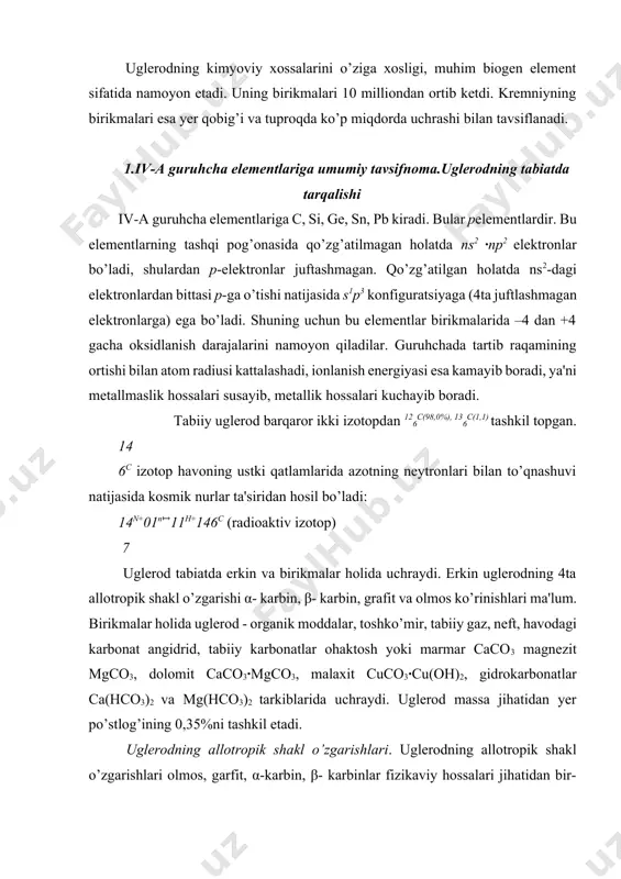 il etadi. uglerodning allotropik shakl o’zgarishlari. uglerodning allotropik shakl o’zgarishlari olmos, garfit, α-karbin, β- karbinlar fizikaviy hossalari jihatidan bir-biridan keskin farq qiladi, bunga sabab ularning kristall panjaralari turlicha tuzilganligidir. olmos yorug’ni kuchli sindiruvchi, shuning uchun yaltiroq, rangsiz kristall modda. olmos kristallarida uglerod atomlari sp3 - gibridlangan xolatda bo’ladi. ular o’zaro qutbsiz kovalent bog’langan. olmosda uglerodning har qaysi atomi 4ta boshqa atom bilan qurshab olingan, bu atomlar tetraedr markazidan uning uchlari tomon yo’nalgan bo’ladi. olmosning bu tuzilishi uning nihoyatda qattiqligini va elektr tokini umuman o’tkazmasligiga sabab bo’ladi. zichligi ρ=3,5 g/sm3 ga teng. sun'iy olmos grafitni 2000 ºc haroratda va 107 kpa bosimda qizdirib olinadi. olmosni havosiz joyda 1800-1850o gacha qizdirilsa grafitga aylanadi. grafit - ozgina metall yaltiroqligiga ega, to’q kulrang krisstall modda. grafit krisstallarida uglerod atomlari sp2 gibridlangan holatda bo’ladi. ular to’g’ri oltiburchakdan tarkib topgan yassi qatlamlar bo’lib birikkan. ularda uglerodning har bir atomi 3ta qo’shni atom bilan kovalent bog’lanish orqali …