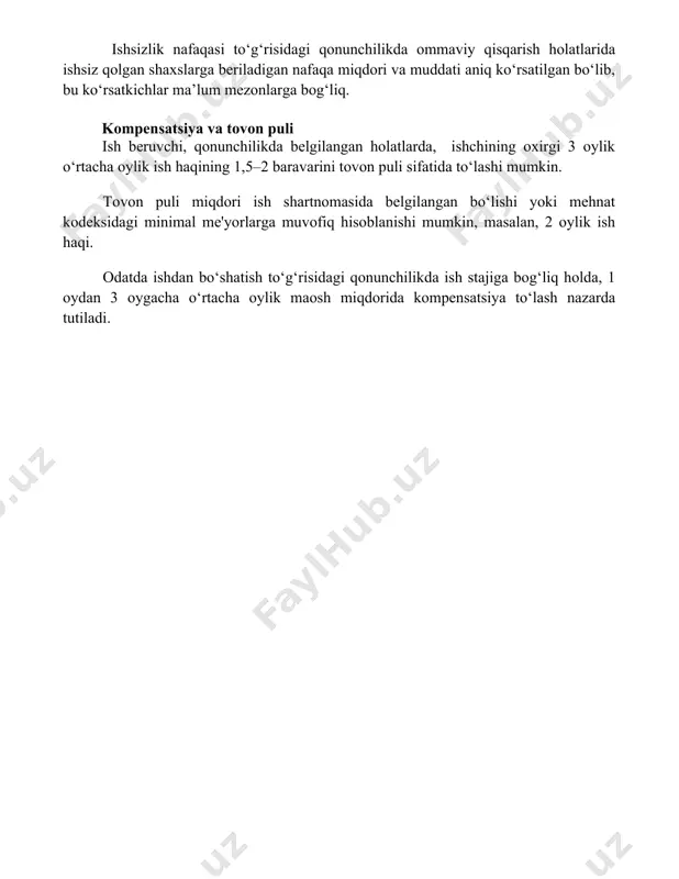 iy qisqarish holatlarida ishsiz qolgan shaxslarga beriladigan nafaqa miqdori va muddati aniq ko‘rsatilgan bo‘lib, bu ko‘rsatkichlar ma’lum mezonlarga bog‘liq. kompensatsiya va tovon puli ish beruvchi, qonunchilikda belgilangan holatlarda, ishchining oxirgi 3 oylik o‘rtacha oylik ish haqining 1,5–2 baravarini tovon puli sifatida to‘lashi mumkin. tovon puli miqdori ish shartnomasida belgilangan bo‘lishi yoki mehnat kodeksidagi minimal me'yorlarga muvofiq hisoblanishi mumkin, masalan, 2 oylik ish haqi. odatda ishdan bo‘shatish to‘g‘risidagi qonunchilikda ish stajiga bog‘liq holda, 1 oydan 3 oygacha o‘rtacha oylik maosh miqdorida kompensatsiya to‘lash nazarda tutiladi. 📌xulosa оммавий ишдан бўшатишлар вақтида иш берувчиларнинг кафолатлари қонунчиликда белгиланган бўлиб, бу ишсиз қолган ходимларнинг ҳуқуқларини ҳимоя қилишга хизмат қилади. бу кафолатлар ишсизлик нафақаси, иш излашда ёрдам ва қайта тайёрлаш имкониятларини ўз ичига олади. 📚foydalanilgan adabiyotlar 1. o‘zbekiston respublikasi mehnat kodeksi. 2. o‘zbekiston respublikasi vazirlar mahkamasining ommaviy ishdan bo‘shatishlarni tartibga soluvchi qarorlari (tegishli qarorlarning sonlari va sanalarini aniqlash kerak). 3. mehnat nizolari bo‘yicha sud amaliyoti materiallari. …