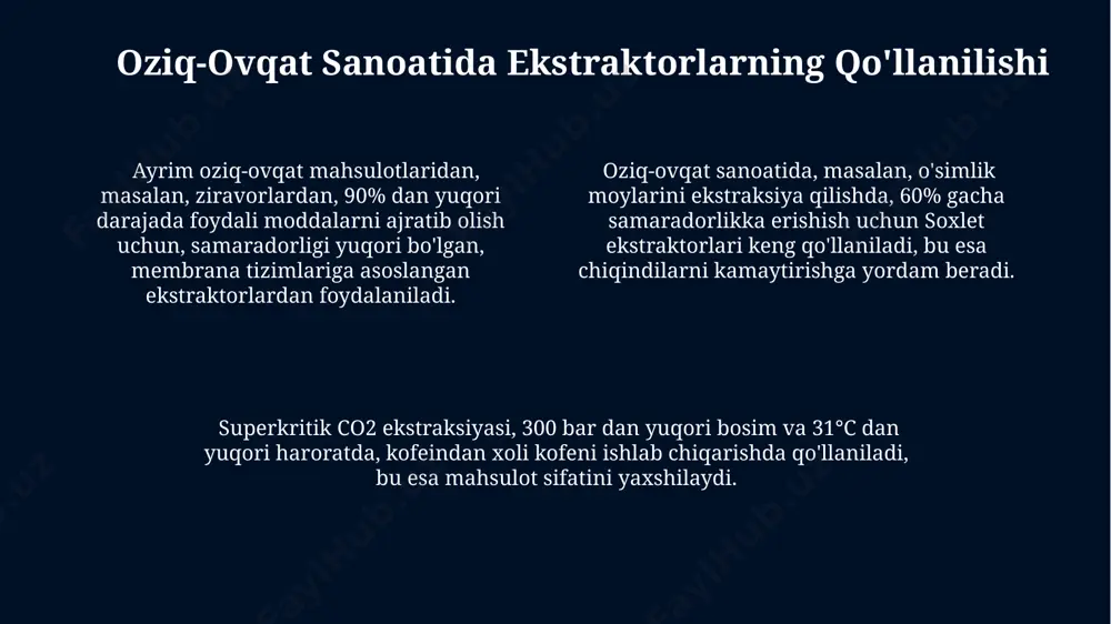 lash uchun statistika tahlilini qo'llash mumkin. yuqori samarali ekstraksiyani ta'minlash uchun, zarracha o'lchamini 50-100 mikronga kamaytirish va ultrasonik to'lqinlardan foydalanish orqali moddalarni ajratish tezligini oshirish mumkin. ekstraktorning samaradorligini 10-15% ga yaxshilash uchun, o'zgaruvchan parametrlarni (temperatura, bosim, tezlik) optimallashtirishga imkon beruvchi avtomatlashtirilgan boshqaruv tizimlaridan foydalanish tavsiya etiladi. zamonaviy ekstraktorlarning umumiy ko'rinishi superkritik co2 ekstraksiyasi kabi yangi usullar, 350 bar dan yuqori bosim va 31°c dan yuqori haroratlarda o'simliklardan faol moddalarni ajratib olish imkonini beradi. membranali ekstraktorlar selektivlikni oshirish uchun turli xil membranali materiallardan foydalanib, aralashmalardan maqsadli birikmalarni ajratishda yuqori aniqlikni ta'minlaydi. zamonaviy ekstraktorlarning ko'pchiligi avtomatlashtirilgan jarayonlarga ega bo'lib, 90% gacha samaradorlikka erishadi va turli xil sensorlar orqali real vaqtda monitoring qilinadi. gaz-suyuq ekstraksiya ekstraktorlari gaz-suyuq ekstraksiya ekstraktorlari, ko'pincha 2-10 atmosfera bosimda ishlaydi va 50-150°c harorat oralig'ida yuqori samaradorlikka erishadi. ushbu ekstraktorlarning strukturasi, gaz oqimining tarqalishi va suyuqlik bilan aloqa yuzasini maksimal darajada oshirishga mo'ljallangan ko'plab perforatsiyalangan plitalarni o'z ichiga oladi. gaz-suyuq …