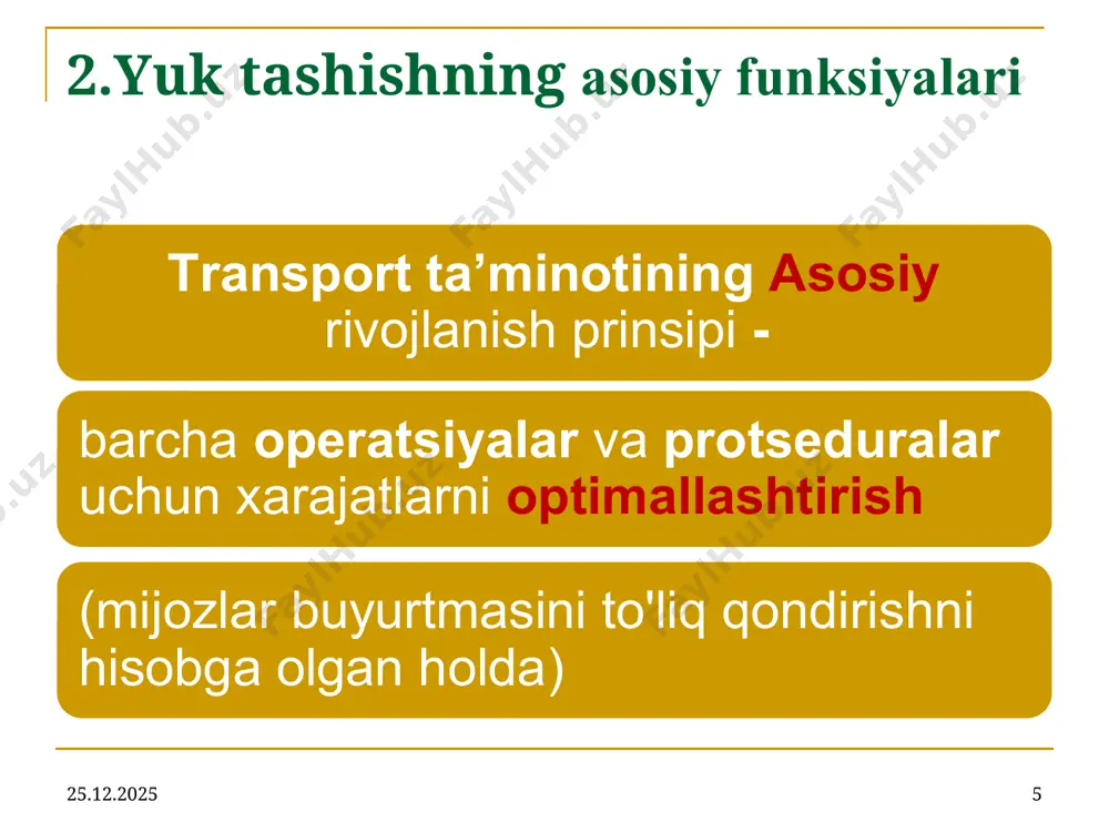 'llarning o'zlari uchun tovarlarni tashishda qo'llaniladi; 26.07.2025 24 transport tariflari va ularni qo'llash qoidalari temir yo'l transportida yuklarni tashish narxini aniqlash uchun quyidagi tariflar qo'llaniladi : 4) mahalliy tariflar - ular alohida temir yo'l rahbarlari tomonidan belgilanadi. yuklarni tashish uchun to'lovlar miqdori va turli to'lovlar stavkalarini o'z ichiga olgan ushbu tariflar ushbu temir yo'l hududida amal qiladi. 5) ushbu to'lovlar yig'imlar (tashuvlar bilan bog'liq qo'shimcha xizmatlar uchun to'lov) deb ataladi va temir yo'l tomonidan quyidagi operatsiyalarni bajarish uchun olinadi: yukni saqlash, tortish yoki og'irligini tekshirish uchun , vagonlarni yetkazib berish yoki tozalash uchun, ularni dezinfeksiya qilish uchun yuk tashish uchun. 26.07.2025 25 transport tariflari va ularni qo'llash qoidalari 26.07.2025 26 4. transport tariflari va ularni qo'llash qoidalari 26.07.2025 kompyuter ilmlar va texnologiyalari kafedrasi 27 topshiriqlar: 1. o’zbekistonda yuk tashish tariflarini aniqlash 2. o’zbekistonda yo’lovchi tashish tariflarini aniqlash 3. yaqin qo’shni davlarda yuk va yo’lovchi tashish tariflarini aniqlash 26.07.2025 28 media1.mp4 …