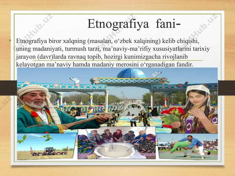 hdagi yangi fan sohasi sifatida birinchi marta fransuz olimi jan jak amper ishlatgan. u 1830-yilda «antropologik», ya’ni gumanitar fanlar umumiy klassifikatsiyasini ishlab chiqqan va shu tizimga «“etnologiya» so’zini kiritgan.rasmiy ravishda “etnologiya” mustaqil fan sifatida 1839-yili parij “etnologiya” jamiyatiga asos solingan davrdan boshlab tan olingan etnonim- хalq nomi yoki xalq nomini ifodalovchi sо‘z sifatidagi atamadir. bu sо‘zni yanada mukammallashtirish maksadida etnonimika sо‘zi ham ishlatilib leksikologiyaning xalq, qabila hamda urug‘chilik nomlarini о‘rganishga qaratilgan bо‘limini bildiradi. madaniyat - madaniyat - arabcha madina (shahar, kent) sо‘zidan kelib chiqqan deyiladi. (vatan tuyg‘usi. toshkent, о‘zbekiston 1996- y. 114-115-b.b.) shahar ma’nosida kelgan madaniyat sо‘zining talqini kishilar hayotini ikki turdagi kо‘rinishi, ya’ni kо‘chmanchi-dashtu-sahrolarda yashovchi xalqlar hamda shaharda yashab, shaharga xos turmush tarzida yashovchi xalqlarga nisbatan ishlatilib kelingan. madaniyat- madaniyat tushunchasi keng ma’noni anglatib, jamiyat va inson tarixiy tarqqiyotining muayyan bir darajasi, kishilar hayoti va faoliyatining turli ko’rinishlarida, shuningdek, ular yaratgan moddiy va ma’naviy boyliklarda ifodalanadi. madaniyat – madaniyat …