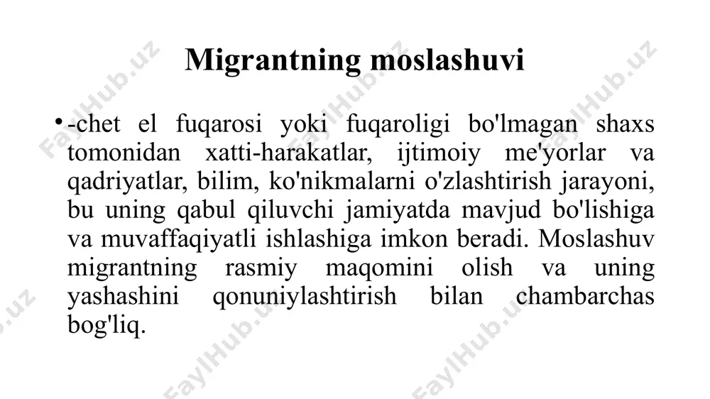 shuv/integratsiya (mehnat bozoriga kirish, bandlikni ta'minlash, uy-joyga kirish); - ijtimoiy moslashuv/integratsiya (uy-joy, sog'liqni saqlash, ta'lim va boshqalar); - madaniy moslashuv / integratsiya (o'z madaniyati, dini, urf-odatlarini saqlab qolish imkoniyati mavjud bo'lganda tilni, madaniyatning boshqa elementlarini o'rganishga kirish). yangi madaniyatning stressli ta'siri - "madaniyat shoki" fizik-geografik: yangi yashash joyi, iqtisodiyotning boshqa turi, aholi zichligi, urbanizatsiya, atmosfera ifloslanishining oshishi va boshqalar. biologik: yangi parhez xususiyatlari, notanish kasalliklarsiyosiy, bu davrda dominant bo'lmagan guruhlar muayyan nazoratga tushib, o'z avtonomiyalarining bir qismini yo'qotadilar. iqtisodiy, natijada an'anaviy kasblardan bandlikning yangi shakllariga o'tish. madaniy: til, diniy, ta'lim va texnik asoslar o'zgaradi, shu jumladan guruhlararo va shaxslararo munosabatlar. madaniy shok a. feyrnxem va s. bochner: "madaniyat zarbasi-bu yangi zarba. madaniy shok gipotezasi yangi madaniyat tajribasi yoqimsiz yoki hayratlanarli qism ekanligiga asoslanadi, chunki u kutilmagan va qisman o'z madaniyatini salbiy baholashga olib kelishi mumkin“ k. oberg: madaniy shokning 6 jihati: 1) kerakli psixologik moslashuvga erishish uchun zarur bo'lgan sa'y-harakatlarga …