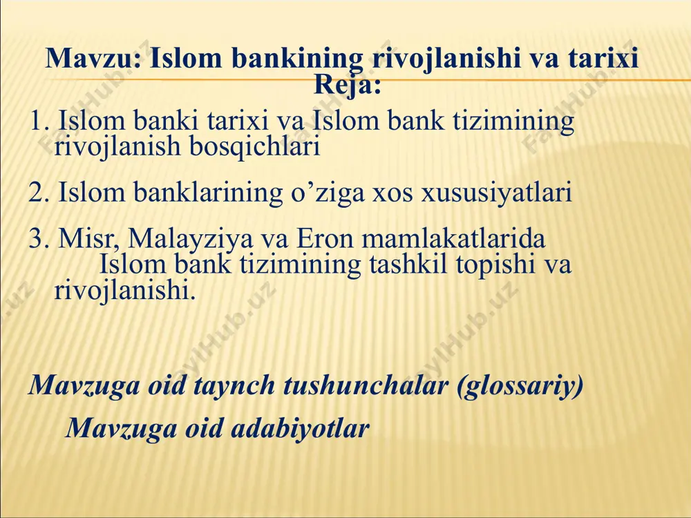aliklar davridan usmoniylar saltanati tanazzuliga qadar bo‘lgan davrni o‘z ichiga oladi. 3. uchinchi davr - islomiy bankingning zamonaviy bosqichidir. шариат талбалари асосида амалга оширилади. inqirozga bunday chidamlilik sababi juda oddiyligini ko’rsatdi - islom bank-moliya tizimida “maysir” deb nomlanuvchi, ya’ni resurslarni ishlab chiqarishga jalb qilmagan holda foyda olishga qaratilgan har qanday cpekulyativ vosita va usullardan foydalanish va arabchada “g’arar” deb ataluvchi (“g’arar” so’zi arab tilida “xavf-xatar, “chalg’itish”, “xatarga ro’para qilish” ma’nolarini bildiradi) o’zini oqlamaydigan haddan tashqari tavakkalchilik ta’qiqlangan bo’lib, islom moliya muassasalari ishlab chiqarish tarmog’iga (real sektorga) tayanadi bu esa moliyaviy inqirozga chidamliligini ta’minlaydi. buni hatto g’arb tadqiqotchilari ham e’tirof etganlar islom moliya-bank tizimini rivojlanishini uchta bosqichga ajratish mumkin birinchi bosqich mustamlakachilikdan endigina xalos bo’lgan musulmon davlatlar o’z diniy-madaniy meroslaridan kelib chiqqan holda keyingi taraqqiyot bosqichlari qanday bo’lishi lozimligini aniqlashtirayotgan bir paytda iqtisodiyot - moliya tizimini ko’rib chiqish va rivojlantirish masalasi jiddiy ravishda kun tartibida paydo bo’ldi. «islom iqtisodiyoti» tushunchasi o’tgan …