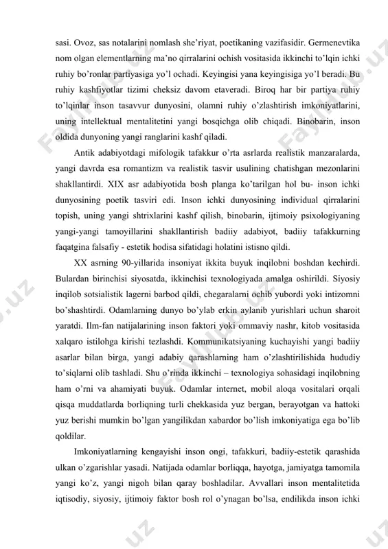 ir. musiqa – inson ruhiy, botiniy dunyosi holatlari, harakatlarining ovozi, sasi. ovoz, sas notalarini nomlash she’riyat, poetikaning vazifasidir. germenevtika nom olgan elementlarning ma’no qirralarini ochish vositasida ikkinchi to’lqin ichki ruhiy bo’ronlar partiyasiga yo’l ochadi. keyingisi yana keyingisiga yo’l beradi. bu ruhiy kashfiyotlar tizimi cheksiz davom etaveradi. biroq har bir partiya ruhiy to’lqinlar inson tasavvur dunyosini, olamni ruhiy o’zlashtirish imkoniyatlarini, uning intellektual mentalitetini yangi bosqichga olib chiqadi. binobarin, inson oldida dunyoning yangi ranglarini kashf qiladi. antik adabiyotdagi mifologik tafakkur o’rta asrlarda realistik manzaralarda, yangi davrda esa romantizm va realistik tasvir usulining chatishgan mezonlarini shakllantirdi. xix asr adabiyotida bosh planga ko’tarilgan hol bu- inson ichki dunyosining poetik tasviri edi. inson ichki dunyosining individual qirralarini topish, uning yangi shtrixlarini kashf qilish, binobarin, ijtimoiy psixologiyaning yangi-yangi tamoyillarini shakllantirish badiiy adabiyot, badiiy tafakkurning faqatgina falsafiy - estetik hodisa sifatidagi holatini istisno qildi. xx asrning 90-yillarida insoniyat ikkita buyuk inqilobni boshdan kechirdi. bulardan birinchisi siyosatda, ikkinchisi …