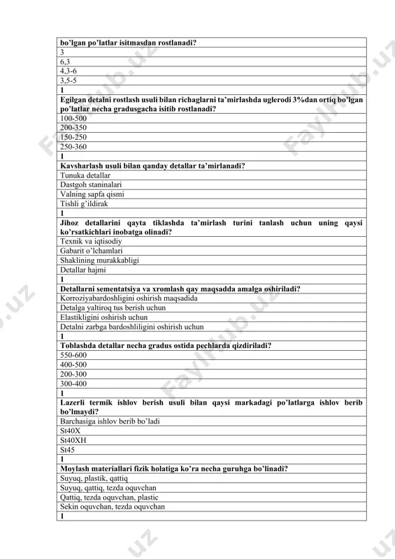 us berish uchun elastikligini oshirish uchun detalni zarbga bardoshliligini oshirish uchun 1 toblashda detallar necha gradus ostida pechlarda qizdiriladi? 550-600 400-500 200-300 300-400 1 lazerli termik ishlov berish usuli bilan qaysi markadagi po’latlarga ishlov berib bo’lmaydi? barchasiga ishlov berib bo’ladi st40x st40xh st45 1 moylash materiallari fizik holatiga ko’ra necha guruhga bo’linadi? suyuq, plastik, qattiq suyuq, qattiq, tezda oquvchan qattiq, tezda oquvchan, plastic sekin oquvchan, tezda oquvchan 1 ishqalanish yuzasida turg’un, yopishqoq va qurimaydigan qatlam hosil qilish uchun qanday moydan foydalaniladi? neftli va sintetik moydan suyuq va qattiq moylardan sintetik va plastic moylardan konsistent moylardan 1 moy temperaturasining oshishi unga qanday ta’sir qiladi? moyning kinematik qovushqoqligi pasayadi va harakatchanligi ortadi kinematik qovushqoqligi va harakatchanligi ortadi kinematik qovushqoqligi va harakatchanligi pasayadi kinematik qovushqoqligi ortadi va harakatchanligi pasayadi 1 konsistentli moylovchi moddalar necha turga bo’linadi? antifriksion va konservatsiyalovchi sintetik va neftli antifriksion, qoplovchi qattiq va qoplovchi 1 solidol podshipniklar temperaturasi necha gradusgacha …
