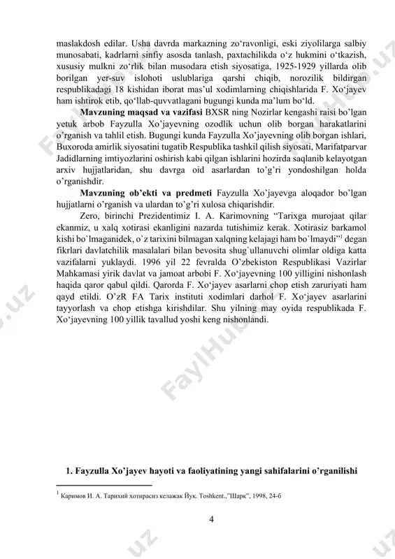 siyosiy va boshqa jabhalarda faoliyat kо‘rsatgan xalqimiz vakillari, ularning shaxsi, rо‘y bergan voqealarga munosabatlarini tadqiq etish murakkab, lekin zarur, dolzarb ilmiy muammodnіr. rahbar lavozimlarda xizmat qilgan f. xо‘jayev va uning zamondoshlari faoliyatlariga ular oqlangandan keyin ham haqqoniylik bilan baho berimasdan kelindi[footnoteref:2]. buxoro respublikasi va о‘zbekiston hukumatlari boshlig‘i bо‘lgan f.xо‘jayevning faoliyati bir qator risolalar va maqolalarda yoritilgan. uning saylanma asarlarining uch jildligi о‘zbek za rus tillarida nashr qilingan. lekin uning «faoliyati bir tomon. tama, qisqa va ayrim jarayon teskari buzib talqin qilingan. f.xо‘jayevning respublika iqtisodiy va siyosiy rivojlaninida mustaqil tutishiga qilgan harakattan adashdilar va xatolar sifatida baholangan. ayni paytda uning boy ijodiy merosini о‘rganini f. xо‘jayev o’zbekistonning aholi va xalqning kelajagi tо‘g‘risida teran, istiqlol g‘oyalari bilan hamohang fikrlarni ilgari surganini, ularni hayotga tadbiq etishga jon-dili bilan intilganini kо‘rsatmoqda. respublikamizning mustaqilligi sharoitida bu merosni, uning istiqlol mafkurasi uchun qimmatli bо‘lgan tomonlarini о‘rganish jiddiy ilmiy nazariy va amaliy ahamiyat kasb etadi. f. xо‘jayevning …