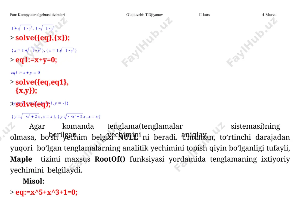 chiziqli kombinasiyasini a  b aniqlashga beradi, bunda ,  skalyar kattaliklar. vektorlarning skalyar va vektor kupaytmasi, vektorlar orasidagi burchak. (a, b)  aibi ikki vektorning skalyar kupaytmasi quyidagi buyrug’ b-n dotprod(a,b) xisoblanadi (topiladi). ikki vektorning vektor kupaytmasi [a, b] quyidagi buyrug’ b-n crossprod(a,b) xisoblanadi (topiladi). a va b vektorlar orasidagi burchakni topish buyrug’i angle(a,b). fan: kompyuter algebrasi tizimlari o’qituvchi: t.djiyanov ii-kurs 4-mavzu. vektora normasi. a  (x1,...,xn ) vektor normasini (uzunligi) 1 n x 2  ...  x 2 a  quyidagi buyrug’ b-n norm(a,2) topish mumkin. a a a vektorni normalize(a) buyrug’i b-n normallashtirish mumkin, natijada birlik vektor hosil buladi. vektorlar sistemasining bazisini topish. n vektorlar sistemasi{a1, a2 ,...,an} berilganda basis([a1,a2,…,an]) buyrug’i bilan sistema bazisini topish mumkin. gramschmidt([a1,a2,…,an]) buyrug’i b-n uzaro bog’liq bulmagn chiziqli vektorlar sistemasini{a1, a2 ,...,an} ortogonalashtirish mumkin. a  (2,1,3,2) va b  (1,2,2,1) vektorlar berilgan bulsa, ular orasidagi (a,b) burchakni topish: with(linearalgebr): a:=([2,1,3,2]); …