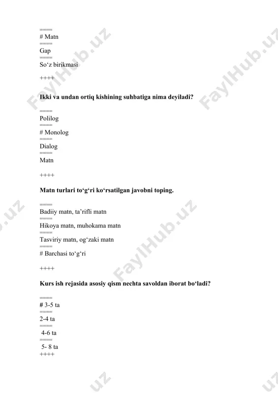 » ==== forscha - tojikcha so‘z, «asarning o‘rnini aniqlash» ++++ ilmiy darajani belgilovchi ilmiy-tadqiqiy ish turini (janrini) belgilang. ==== avtoreferat ==== ilmiy ma’ruza ==== monografiya ==== # dissertatsiya ++++ ilmiy tadqiqotda kirish qismi vazifaning umumiy qismining necha foizini tashkil etadi? ==== # 10% ==== 13% ==== 15% ==== 20% ++++ asosiy ma’noni saqlagan holda, fikrni boshqa so‘zlar yordamida ifodalash qanday nomlanadi? ==== xulosalash ==== izohlash ==== # perefrazalash ==== tasvirlab ifodalash ++++ xulosalashning maqsadi nimadan iborat? ==== # ma’lumotlar hajmini yetarli darajagacha qisqartirish va uzundan uzoq ma’lumotlarni qisqa hajmga keltirishdan iborat. ==== umumiy ma’noni saqlagan holda ma’lumotni asl manbadagidan farqli qilib, o‘zgartirib yozishdan iborat. ==== keltirilgan ma’lumotning hajmini tasvirlab ifodalashdan iborat. ==== barchasi to‘g‘ri ++++ ma’lumot olingan manbani keltirib o‘tish qanday nomlanadi? ==== sitata ==== izoh ==== # havola ==== perefraza ++++ sitatalardan qanday hollarda foydalanish maqsadga muvofiq hisoblanadi? ==== # barchasi to‘g‘ri ==== sitata muallifining aynan gapi o‘zgacha ma’noni …