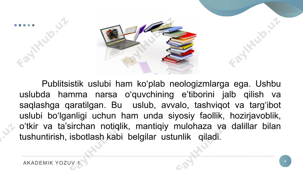 v 1 17 bu uslubda har bir yozuvchining voqelikni badiiy idrok etish ko‘lami, ijod usuli, poetik mahorati badiiy nutqning janr xususiyatiga muvofiq tarzda bir-biridan farqlanadi. shunga ko‘ra badiiy nutq uslubi nisbatan keng imkoniyatlarga ega o‘ta qamrovli va boy nutq ko‘rinishidir. barcha turdagi san’at va adabiyot asarlari shu uslubda yaratiladi. obrazlilik va estetik ta’sir etish badiiy uslubning muhim belgisidir. badiiy uslub akademik yozuv 1 18 zamonaviy tilshunoslikda odatda badiiy uslub haqida emas, balki navoiy, abdulla qahhor, o‘tkir hoshimov kabi alohida mualliflarning asarlari tilining uslubiy o‘ziga xosligi haqida gapiriladi. badiiy nutq boshqa barcha uslublarning til vositalaridan foydalanish bilan tavsiflanadi. bu yerda asosiy funksiya kommunikativ emas, balki estetik bo‘ladi. badiiy adabiyotda quyidagi janrlar mavjud: roman, qissa, hikoya, she’r. badiiy adabiyot tili akademik yozuv 1 19 1.n. jiyanova, o. mo‘ydinova. nutq madaniyati. – t.: “ilm ziyo zakovat”, 2019. 221 b 2. xolmonova z. adabiy tildan ma’ruzalar umumlashmasi-t.: «o‘zbekiston», 2013, 250 b. 3. qo‘ng‘urov r., …