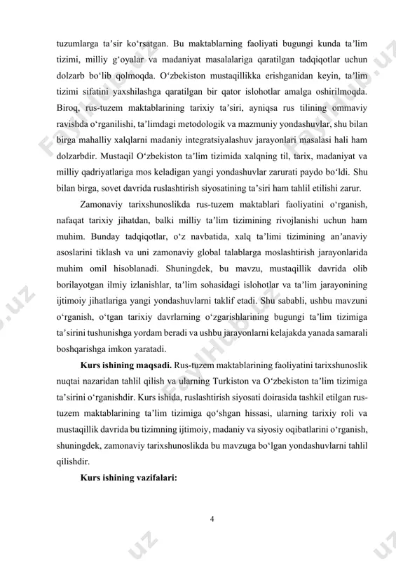 hkil etilgan rus-tuzem maktablari faoliyatini o‘rganishga birinchi bo‘lib rossiya imperiyasi davrining tarixchilari qiziqish bildira boshladilar. imperiya davrida olib borilgan tadqiqotlar, asosan, bu maktablarning siyosiy va madaniy ahamiyatiga qaratilgan edi. vladimir bartol'd[footnoteref:1] (1861-1933) rossiya imperiyasining mustamlakachilik siyosatining tarixini o‘rganib, rus-tuzem maktablari faoliyatini sinchiklab tahlil qilgan olimlardan biridir. uning "xarita va xalq" (1896) asarida ruslashtirish siyosatining ijtimoiy va madaniy taʼsirlari haqida maʼlumotlar keltirilgan. sovet davrida rus-tuzem maktablari va ularning taʼsiri to‘g‘risidagi ilmiy izlanishlar marksistik-klassik yondashuv asosida olib borilgan. bu davrda tarixshunoslar rus-tuzem maktablarini, asosan, sovet ijtimoiy tizimini shakllantirish va "sotsialistik tizimni" mustahkamlash vositasi sifatida ko‘rganlar. sovet davrida maktablar tarixi, ko‘pincha, rus xalqining madaniy va siyosiy g‘oyalarini o‘rgatish vositasi sifatida yoritilgan. aleksey p. pruzhinin[footnoteref:2] (1901-1970) – sovet tarixchisi bo‘lib, u "turkiston va uning taʼlim tizimi" (1956) asarida rus-tuzem maktablarining taʼsiri va ularning turli xalqlarga taʼsirini o‘rganadi. vladimir k. vorob'ev[footnoteref:3] (1902-1981) esa "rossiya va turkiston: ijtimoiy-siyosiy aloqalar" (1965) asarida rus-tuzem maktablarining siyosiy o‘rni va …