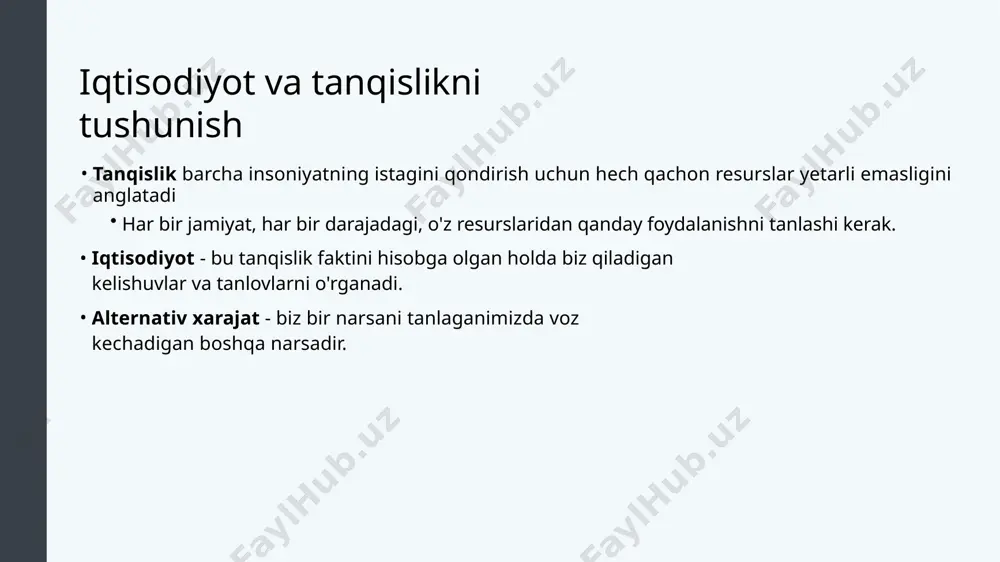 'rniga ular javobni topishda yordam berish uchun grafikdan foydalanadilar. iqtisodiy modellardan foydalanish: misollar doiraviy oqim diagrammasi: iqtisodiyot tovar va xizmatlar bozori va mehnat bozorida o'zaro ta'sir qiluvchi uy xo'jaliklari va firmalardan iborat ekanligini ko'rsatadigan diagramma . tovarlar va xizmatlar bozori (shuningdek, deb ataladi mahsulot bozori), bu erda firmalar sotadi va uy xo'jaliklari sotib oladi. mehnat bozori, bunda uy xo'jaliklari ishchi kuchini biznes firmalariga yoki boshqa xodimlarga sotadi. real dunyoda tovarlar va xizmatlar uchun juda ko'p turli bozorlar va ko'plab turli mehnat turlari uchun bozorlar mavjud. dairesel oqim diagrammasi tasvirni tushunishni osonlashtirish uchun bu farqlarni soddalashtiradi. machine translated by google давлат аралашуви мавжуд бўлган иқтисодиётда ушбу модел нисбатан мураккаб кўринишга эга бўлади. ресурслар бозори хонадон хўжалиги корхоналар товар ва хизматлар бозори давлат 1 2 3 4 5 6 7 8 10 11 12 13 14 15 16 юқоридаги моделда: 1. ер, меҳнат, капитал. 9. истеъмол харажатлари. 2. ресурслар. 10. сотишдан олинган …