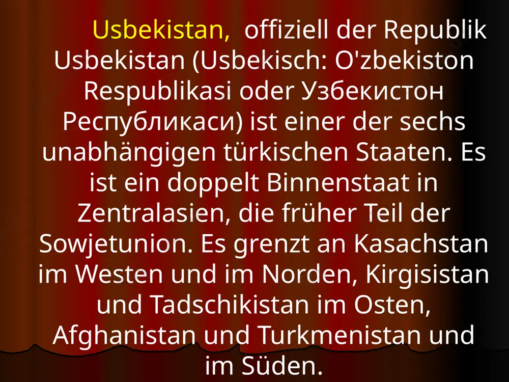 r gesetzgebenden kammer und der 100-köpfigen senat, wurden am 27. dezember 2009 statt, nach den zweiten wahlen im dezember 2004-2005 wurden. die oliy majlis wurde einkammersystem bis 2004. seine stärke von 69 abgeordneten (mitglieder) in 1994 bis 120 2004-5 und gegenwärtig auf 150 erhöht. der vorstand hält eine große macht, und der gesetzgeber und haben wenig macht, gesetze zu gestalten. unter den bedingungen eines 27. dezember 1995 referendum wurde islam karimov erste amtszeit verlängert. ein weiteres nationales referendum abgehalten wurde 27. januar 2002 an das verfassungsgericht amtszeit von 5 jahren zu verlängern bis 7 jahren. das referendum vergangen, und karimow begriff wurde durch einen akt des parlaments bis dezember 2007 verlängert. die meisten internationalen beobachter weigerte sich in dem prozess zu beteiligen und erkannte nicht die ergebnisse, entließ sie als nicht erfüllt grundnormen. der 2002 referendum ebenfalls enthalten einen plan, um ein zweikammerparlament erstellen, bestehend aus einem unterhaus (majlis der …