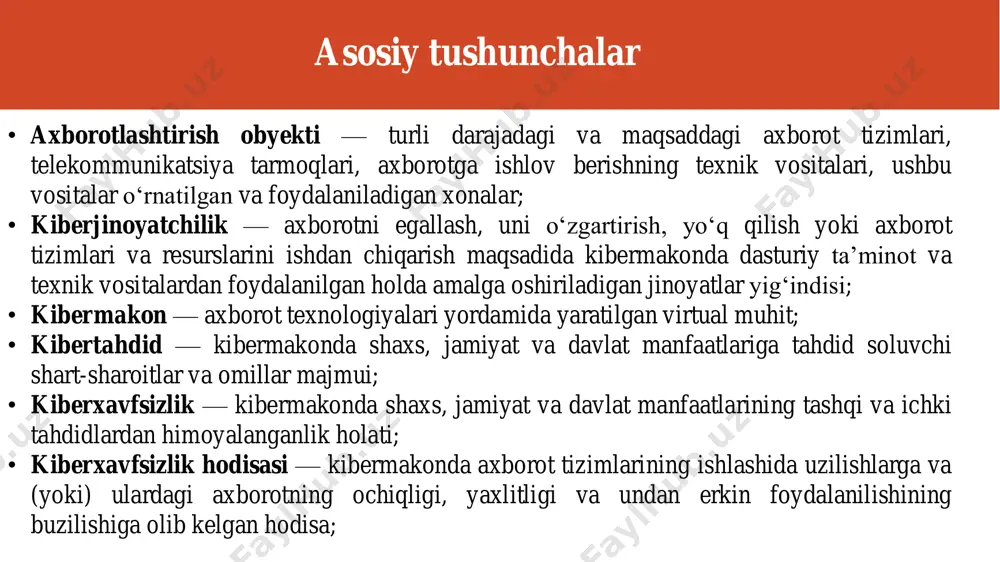 ataladi. qonunni ishlab chiquvchilar va uni himoya qiluvchilar butun dunyo bo‘ylab kiberjinoyatchilikni aniq belgilaydigan va kiber dalillarni qabul qilishni to‘liq madadlovchi kiberqonunlar zarurligi haqida ogohlantirib keladilar. mamlakatning biror xalqaro shartnomadagi ishtiroki bu shartnomani qonuniylashtiradigan ichki qonunlar ishlab chiqilgan va tasdiqlangan taqdirdagina kuchga kiradi. davlatimiz tomonidan qabul qilingan me’yoriy hujjatlar xozirgi kungacha davlatimizda axborot himoyasini, maxfiyligini, axborot xavfsizligini ta’minlash bo‘yicha bir necha qonunlar, qarorlar ishlab chiqilgan bo‘lib, bu me’yoriy xujjatlar asosida davlat organlarida, tashkilotlarida amal qilib kelinmoqda. jumladan “aloqa to‘g‘risida”, “axborot olish kafolatlari va erkinligi to‘g‘risida” , “radiochastota spektri to‘g‘risida” , telekommunikatsiyalar to‘g‘risida” , “pochta aloqasi to‘g‘risida” , “axborotlashtirish to‘g‘risida” , “elektron hujjat aylanishi to‘g‘risida” , “elektron to‘lovlar to‘g‘risida” , “tijorat siri to‘g‘risida”, “bank siri to‘g‘risida” kabi o‘zbekiston respublikasining qonunlarida axborot maxfiyligi, axborot siri, axborot himoyasi bo‘yicha tegishli moddalar belgilab o‘tilgan. elektron manba: http://lex.uz kiberxavfsizlik to‘g‘risidagi qonun qonunning birinchi bobida umumiy qoidalar berilgan. unda axborotlashtirish obyekti, kiberjinoyatchilik , kibermakon , kibertahdid …
