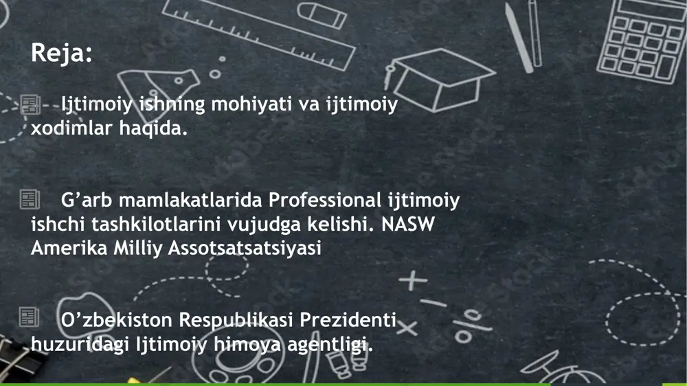 anday tayyorgarliksiz ham ijtimoiy ish bilan shug’ullanganlar. qadimgi gretsiyaliklar ijtimoiy ishni “filantropiya”, rimliklar “xalq an’anasi”, qadimgi inklarda “minka”, ma’jusiy slvyanlar ‘slepnya’, islom dinida “zakot”, yahudiylarda “tsedaka, xristianlarda esa “hayriya”so’zlari bilan nomlangan. 5 vaqt o’tishi bilan yevropa mamlakatlarining tezkor sanoatlashuvi, shaharlashuvi va aholisi soni ortishi natijasida ijtimoiy muammolarning ko’payishi ijtimoiy ish faoliyatini yuzaga keltira boshladi. bu sohada yirik jamoatchilik tashkilotlari shakllana boshladi, ular din vakillari va xususiy shaxslar bilan birga ijtimoiy muammolarni hal etishga harakat qildi. 1866 yilda stokgolmda homiylik jamoatchilik uyushmasi tuziladi. 1869 yilda londonda xayriya jamiyati (the charity organization society) tashkil etildi. 1880 yilda germaniya xayriya kongressi tashubbusiga binoan germaniya kambag‘allarga g‘amxo‘rlik xayriya uyushmasiga asos solindi. aqshda ijtimoiy ishning kasb sifatida yuzaga kelishiga muhtojlar foydasiga xayr-ehsonlar soni ortishi sabab bo‘ldi. 1880-yillarda emigrantlar soni ortgan shaharlarda boshlangan «uyga ko‘chish harakati» aqshdagi professional ijtimoiy ish uchun zamin yaratdi. trey research 5 ijtimoiy xodimlarni tayyorlovchi dastlabki o‘quv muassasalari xayriya tashkilotlari tomonidan tuzilgan. …