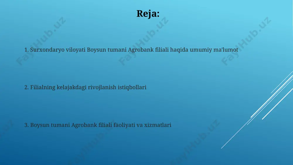 sh imkonini beradi. mijozlarning 95% dan ortig'i onlayn xizmatlardan qoniqish bildirishadi. agrobankning surxondaryo viloyatidagi faoliyati surxondaryo viloyatidagi agrobank filiallari tomonidan taqdim etilayotgan kredit mahsulotlari orasida paxtachilik, bog'dorchilik va chorvachilik yo'nalishlari uchun mo'ljallangan imtiyozli kreditlar mavjud bo'lib, ularning ulushi umumiy kredit portfelining 60% dan ortiqini tashkil etadi. viloyatdagi agrobankning 20 ta dan ortiq filiali orqali 5000 dan ziyod fermer xo'jaliklari va kichik biznes sub'ektlariga zamonaviy texnologiyalarni joriy etish maqsadida texnikaviy yordam ko'rsatilgan. zamonaviy texnologiyalar va agrobank boysun tumanida agrobankning “agrolizing” dasturi orqali 100 ga yaqin zamonaviy traktor va texnik vositalar fermerlarga lizing asosida berildi, bu hosildorlikni 15-20% ga oshirishga yordam berdi. agrobank, raqamli texnologiyalarni qo'llab, fermerlarga real vaqt rejimida masofadan turib kreditlarni olish va hisobotlarni topshirish imkoniyatini taqdim etadi, bu jarayonni 30% tezlashtirdi. boysun tumani geografik joylashuvi boysun tumanining geografik koordinatalari taxminan 37° shimoliy kenglik va 67° sharqiy uzunlik atrofida joylashgan bo'lib, bu uning o'zbekistonning janubi-g'arbiy chegaralarida ekanligini ko'rsatadi. boysun tumani …