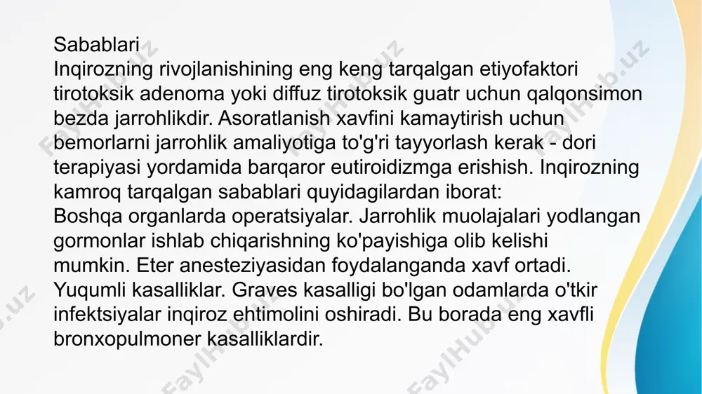 ya koma bilan almashtiriladi. o'lim yurak faoliyatining etishmovchiligi, gipovolemik shokning rivojlanishi - aylanma qon hajmining tez pasayishi va suvsizlanish natijasida yuzaga keladi. diagnostika tekshiruv endokrinolog tomonidan amalga oshiriladi. tashxis shoshilinch ravishda amalga oshiriladi va bemorning tarixini va hozirgi ahvolining og'irligini baholash va tirotoksikozning dekompensatsiyasini tasdiqlovchi belgilarni aniqlash imkonini beruvchi protseduralar to'plamini o'z ichiga oladi. batafsil klinik ko'rinish bilan differentsial tashxis muhim emas, agar alomatlar notekis namoyon bo'lsa, yurak etishmovchiligi yoki o'tkir intoksikatsiyani istisno qilish kerak bo'lishi mumkin. keng qamrovli tadqiqot quyidagilarni o'z ichiga oladi:klinik so'rov. barcha bemorlarda anamnezda “diffuz toksik guatr” tashxisi bor, aksariyatida yaqin o‘tmishda qo‘zg‘atuvchi omil bor – jarrohlik, radioyod bilan davolash, tarkibida yod bo‘lgan dori-darmonlarni qabul qilish va hokazo. bemorlar zaiflik, letargiya, qisqarish hissi haqida xabar berishadi. nafas olish, titroq, terlash, ovqat hazm qilish traktining disfunktsiyasi. tekshirish. isitma va asabiy hayajonlanish holati mavjud. qorin bo'shlig'ini paypaslaganda og'riq qayd etiladi. qon bosimini o'lchash yuqori va yuqori ko'rsatkichlarni beradi …