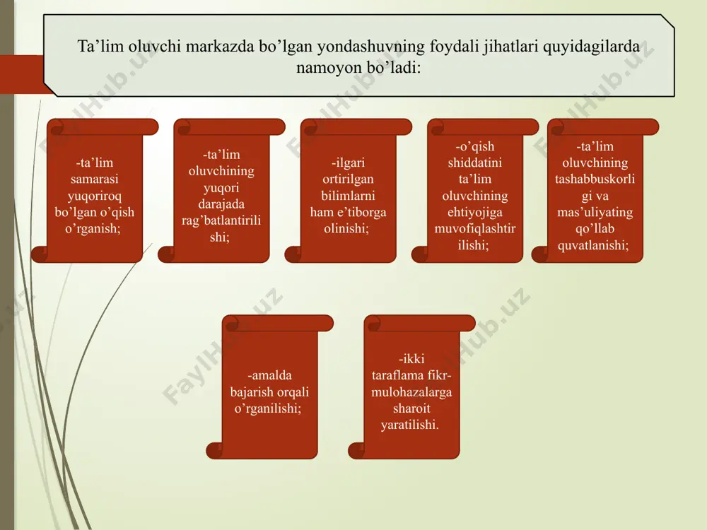 unga ко ra interfaol metodlar xxi asr ta’limida o'qitish sifatini yaxshilash, samaradorligini ta ’minlashning muhim vositalaridan bin sanaladi. manbalami o'rganish ta’lim tizimida interfaol metodlar ilk bor xx asming 20-yillarida qo'llanilganligidan dalolat beradi. v.a.suxomlinskiy tomonidan o’tgan asming 60- yillaiida yaratilgan ilmiy ishlarda ham ta’lim tizimiga interfaol metodlami tatbiq etish tajribasini uchratish mumkin. xx asming 70-80-yillarida esa rossiyada sh.a.amonashvili, v.f.shatalova, ye.n llina va b. tomonidan ta’lim sifatini yaxshilash, samaradorligini oshirish, ta ’lim oluvchilarda o'qitishga bo'lgan qiziqishni kuchaytirish yo’llarim topish borasida olib borilgan ilmiy izlanishlarda ham interfaol metodiaming amaliy ahamiyati, ulami samarali qo’llash shartlari to'g'risida so’z yuritilgan. “interfaol metodlar tavsifida magistrlaming birgalikda, o'zaro hamkorlikda yuqori darajada ta’lim olishlarini ta’minlashga yo'naltirilganlik, ular o'rtasida hissiy, ruhiy va axloqiy birlikni qaror toptirish g’oyalari yetakchi o'rin tutadi har bir mashg’ulot turining pedagogik maqsadlariga erishish uchun o’qituvchi o’zining intellektual salohiyatini safarbar etish, ilg’or pedagogik tajribadan foydalanishi va nihoyat, metodni tanlash haqiqiy ijodiy aktga aylanishi lozim. umumiy holda metodning …
