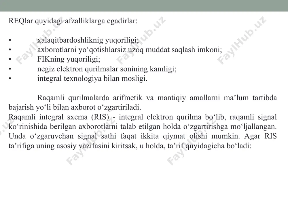 rida qanday simvollar uzatilganligi bilan aniqlanadi. shuning uchun, ketma-ketlilik qurilmalari xotiraga ega desa bo‘ladi. nazorat savollari 1.raqamli qurilmalarni ishlab chiqarishda sintez va analiz jarayonlari nimani bildiradi? 2.raqamli avtomat nima va u qanday kattaliklar bilan tavsiflanadi? 3.mantiq algebrasining asosiy funksiyalariga qaysi funksiyalar kiradi? 4. mantiq algebrasining asosiy qonunlarini ta’riflab bering.