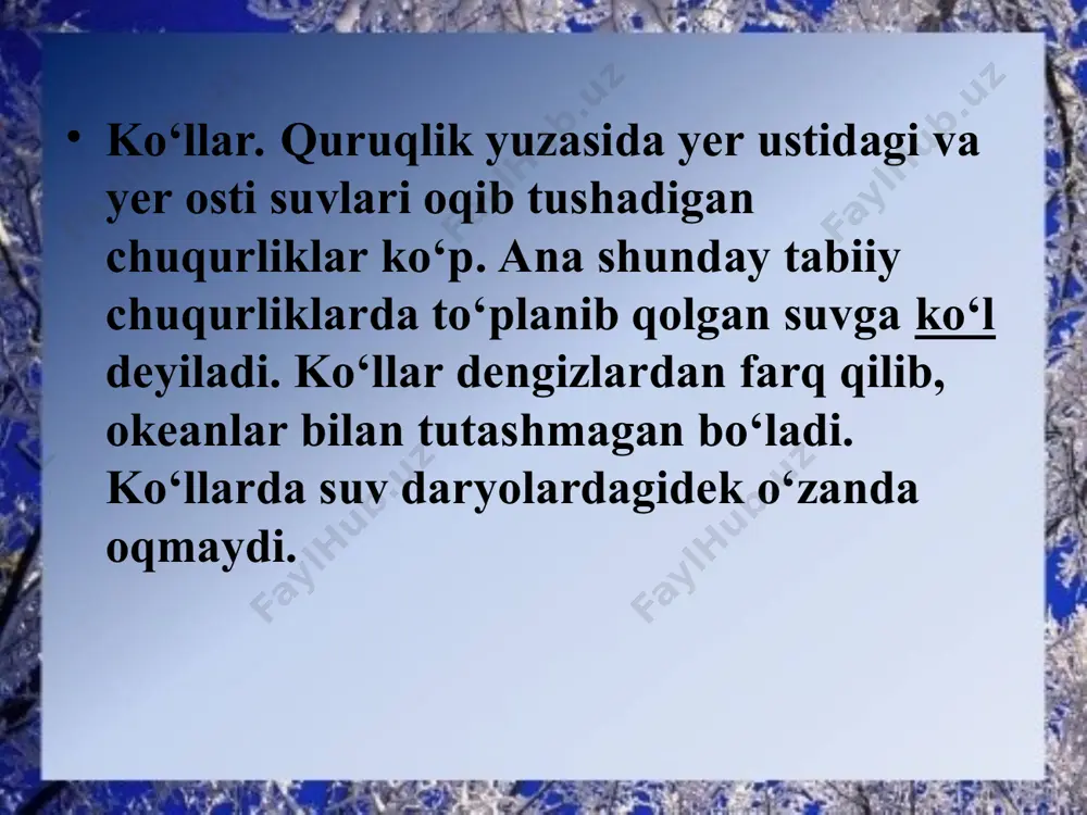 lar deyiladi. ular daryo va ko‘llarni qoplab yotgan muzlardan farq qiladi. sovuq o‘lkalarda va baland tog‘larda yoqqan qor erib ulgurmay to‘planadi va zichlashib muzga aylanadi. tyanshan va pomir tog‘laridagi muzliklar 3500 m dan balandda hosil bo‘ladi. tyanshan pomir qor yig‘iladigan va muzlik hosil bo‘ladigan balandlikning quyi chegarasi qor chizig‘i deyiladi . qor chizig‘i qutbiy o‘lkalarda dengiz sathigacha pasayadi. shuning uchun qutbiy o‘lkalarda – antarktida materigi va shimoliy muz okeanidagi orollar da dengiz bo‘yidagi yerlar ham muzlik bilan qoplanib yotadi. antarktida tog‘lardagi muzliklar erib daryolarga suv beradi. amudaryo, sirdaryo va zarafshon daryolari ko‘p suvini shunday muzliklardan oladi. sovuq o‘lkalarda muzliklar butun yer yuzini qoplab yotadi. antarktida materigi, dunyodagi eng katta orol – grenlandiya shunday muzliklar bilan qoplangan. qalinligi esa 4 ming metrga yetadi. muzliklar ham asta-sekin siljib borib, dengiz va okeanlar bo‘yiga kelib qoladi. bunda muzlik yorilib, bo‘linib, suvga tushadi va suvda suzib yuruvchi katta muz palaxsalarini hosil qiladi. bular aysberglar …