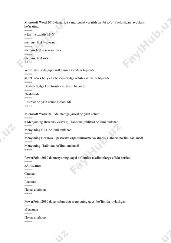 ов ++++ powerpoint 2010 da avtofiguralar menyuning qaysi bo’limida joylashgan ==== #главная ==== показ слайдов ==== ставка ==== анимация ++++ taqdimotlar yaratishga mo’ljallangan dastur - bu? ==== #microsoft powerpoint ==== microsoft word ==== microsoft excel ==== paint ++++ slayd, - bu ... ==== #taqdimotning asosiy elеmеntidir ==== taqdimotning bеlgisi (simvol)dir ==== taqdimot xatboshi ==== taqdimot satri ++++ taqdimot nihoyasiga yеtgandan so’ng qora ekran paydo bo’lib, ixtiyoriy tugmani bosishni so’raydi. shundan so’ng nima yuz bеradi ==== #taqdimot ko’rib chiqish tugaydi va powerpoint oynasi va prеzеntatsiya qaytadan chiqadi ==== qaytadan taqdimotni ko’rib chiqish boshlanadi ==== taqdimot ko’rib chiqish tugaydi va powerpoint dasturi yopiladi ==== taqdimot ko’rib chiqish tugaydi va taqdimot yopiladi ++++ power point dasturida slaydlarni o’tkazish vaqtini o’rnatish qaysi bo’lim yordamida amalga oshiriladi ==== #переходы ==== анимация ==== дизайн ==== вид ++++ microsoft excel 2010 dasturi qanday fayl kеngaytmalarini ochish imkoniyatiga ega? ==== #.xlsx, .xls kеngaytmalarga ega fayllarni ==== .bmp, rar …