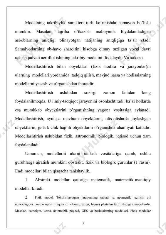 shuni ta’kidlash o’rinliki, tajriba yo’li bilan bunday jarayonni o’tkazish ba’zan juda qiyin bo’ladi. matematik va matematik-mantiqiy modellar yaratilishi takomillashtirilishi va undan foydalanish matematik hamda nazariy biologiyaning rivojlanishiga qulay sharoit yaratadi. 4. biologik model turli tirik obyektlar va ularning qismlari-molekula, suv-hujayra organ-sistema organizm va shu kabilarga xos biologik tuzilish, funksiya va jarayonlarni molellashtirishda qo’llaniladi. biologiyada asosan uch xil modeldan foydalaniladi, ular biologik, fizik va matematik modellardir. biologik model odam va hayvonlarda uchraydigan ma’lum holat yoki kasallikni laboratoriya hayvonlarida sinab ko’rish imkonini beradi. bundan shu holat yoki kasallikni kelib chiqish mexanizmi, kechishi natijasida va hokazolar tajribada o’rganiladi. biologik modelda har bir usullar genetik apparatga ta’sir qilish, mikroblar yuqtirish, ba’zi organlarni olib tashlash yoki ular faoliyati mahsuli bo’lgan garmonlarni kiritish va boshqa usullar qo’llaniladi. bunday modellardan genetika, fiziologiya, farmokologiyada foydalaniladi. 5. fizik-kimyoviy modellar biologik tuzilish, funksiya yoki jarayonlarni fizik yoki kimyoviy vositalar bilan qaytadan hosil qilishdir. dastlab, hujayra tuzilishi va ba’zi vazifalarning fizik-kimyoviy …