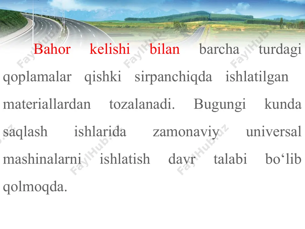 shda ishchi holatda saqlash, yomg‘ir kanalizatsiyasi, drenaj qurilmalari, ko‘prik va quvurlarning suv kirish-chiqish o‘zanlari, suv o‘tkazgichlarning mayda nosozliklarini bartaraf etish; ko‘tarmalarning nishabliklaridagi nosozlik-larini tuzatish, tekislash va boshqalar. avtomobil yo‘llari ko‘kalamzorlashtirish avtomobil yo‘llari va yo‘l inshootlarini ko‘kalamzorlashtirish vazifasi avtomobil yo‘llarini qor va qum ko‘chkilaridan yoki eroziyadan doimiy ximoya qilishni ta’minlashdan, avtomobil yo‘llari va yo‘l inshootlarining ma’muriy-badiiy bezagini barpo etishdan iboratdir. avtomobil yo‘llari va yo‘l inshootlarini ko‘kalamzorlashtirishga quyidagi ishlar kiradi: -ko‘chatxona va daraxtzorlar uchun tuproqni tayyorlash, ko‘chatlar yetishtirish va ko‘chatlarni transportda tashish; -avtomobil yo‘llarini qum va qor ko‘chkilaridan ximoya qilish uchun o‘rmon tasmalarini barpo etish, eroziyaga qarshi va manzarali daraxtlarni ekish; -daraxtlarni parvarish qilish, daraxtlarni kesish-kallaklash, quruq daraxtlarni yig‘ishtirib olish, daraxtlarni yong‘indan himoya qilish, o‘simlik zararkunandalari va kasalliklariga qarshi kurashish; -urug‘lik sepish va gul ekish, ajratilgan mintaqaga va ajratish tasmasiga o‘t ekish. avtomobil yo‘llari mintaqasini ko‘kalamzorlashtirish asosan ikki turga bo‘linadi, himoyalovchi va manzarali ko‘kalamzorlashtirishdan iborat. yo‘l poyini qordan himoyalash issiq shamoldan yo‘llarni …