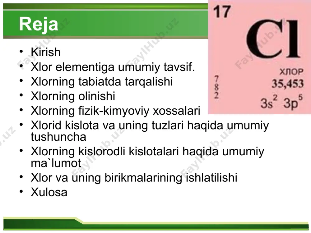 t va inert gazlar bilan ta’sirlashmaydi. xlor metallar bilan portlash bilan reaksiyaga kirishib xloridlar xosil kiladi: 2na+cl2=2nacl ca+cl2=cacl2 2al+3cl2=2alcl3 vodorod xlor atmosferasida yorulik nuri ta’sirida yonib vodorod xlorid xosil kiladi: h2+cl2=2hcl ko’pchilik metallmaslar xam xlor ta’siridan oson oksidlanadi, bunda u oksidlovchidir: 2 p+5cl2= 2pcl5 2p+3cl2=2pcl3 si+2cl2 = sicl4 2sb+3cl2=2sbcl3 xlorning suv bilan ta’sirlanishidan vodorod xlorid va gipoxlorit kislota xosil bo’ladi: cl2+h2o=hcl+hclo xlorning uglerod bilan xosil kilgan birikmalari (ccl4, chcl3, ch2cl2, ch3cl) metanning xlorlanish jarayonida olinadi. xlor ba’zi murakkab moddalarni xam oksidlaydi: 2k2mno4+cl2= 2kmno4+2kcl 2fecl2+cl2=2fecl3 xlordan xlorid kislota, kclo3 , organik moddalar, bo’yoklar, kishlok xo’jaligi zarakunandalariga karshi preparatlar olishda ko’llanildi. xlordan gazlamalarni okartirishda, ichimlik suvini dezinfeksiya kilishda ishlatiladi. xlorid kislota va uning tuzlari. xlorning vodorod bilan xosil kilgan birikmasi vodorod xlorid(hcl ). o’tkir xidli rangsiz gaz modda (suyukl. xarorati -114,2 os, kaynash xarorati -84,9 os). suvda yaxshi eriydi. 1 xajm suv 450 xajmhcl ni eritadi. vodorod xloridni suvdagi eitmasi xlorid kislota …
