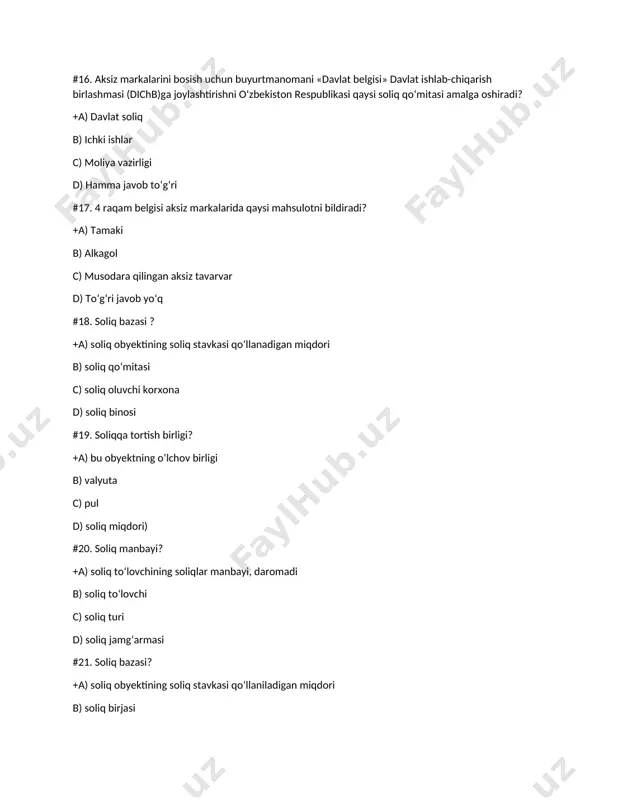 rogressiv soliq stavkasining kamchiligi? +a) soliq stavkalari soliq toʻlovchilarning daromad olish manfaatini ragʻbatlantirmaydi b) kamchiligi yoʻq c) 20 foiz miqdordagi soliq oladi d) soliq toʻlovchi huquqlari belgilanmagan #27. regressiv soliq stavkasi progressiv soliq stavkasiga nisbatan .... hodisani iifodalaydi? +a) teskari b) toʻgʻri c) 10 foiz d) hech qanday #28. soliq yuki makro darajada ifodalanganda miqyosi qanaqa boʻladi? +a) butun mamlakat miqyosida b) davlat miqyosida c) bank staviga bogʻliq d) iqtisodiy holat #29. bozor iqtisodiyoti bu-.. +a) erkin iqtisodiyot, pulli munosabatlar iqtisodiyotidir b) soliqqa tortish iqtisodiyoti c) bozor munosabatlari d) pul va tovar #30. soliqlarni iqtisodiy mohiyati va vazifalarini oʻrganib chiqib uni amaliyotga tadbiq etish kim tomonidan amalga oshiriladi +a) davlat b) aholi c) yuridik shaxs d) pensiya jamgʻarmasi #31. davlat soliq xizmati organlari? +a) davlat soliq qoʻmitasi, soliq boshqarmasi, davlat va tuman soliq inspeksiyalari b) davlat soliq boshqarmasi, hokimiyat, mahalla c) davlat va tuman soliq inspeksiyalari va mahalla d) soliq …