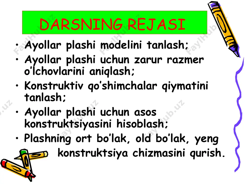 5 – 2,0 2,0 – 2,5 kerakli o’quv-jihoz, asbob-uskuna va ashyolar: bichuv stoli; anodiza chizish uchun oq qog’oz; chizg’ich, qalam, o’chirg’ich, sm lenta, qaychi; o’lchamlar ro’yxati; mato namunalari; qo’shimcha qiymatlar jadvali. uyga vazifa ayollar plashi modellarini chizish - 2 ta eskiz; plash uchun kerakli o’lchamlarning ro’yxatini tuzish; plash konstruksiyasini loyihalash, andaza tayyorlash; kerlgusi darsda bichish, tikish uchun plashbop mato parchasini olib kelish.