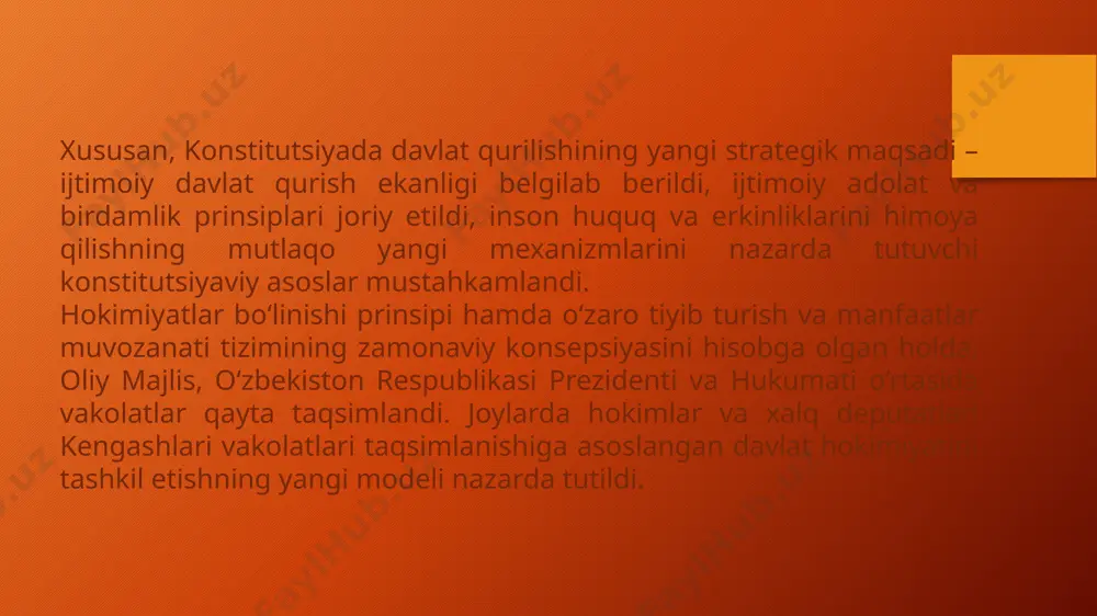 konstitutsiya va dasturni amalga oshirishga qaratilgan chora-tadbirlar o‘z vaqtida va sifatli o‘tkazilishini ta’minlaydi; davlat organlari va tashkilotlari, ekspertlik kengashlarining yangi tahrirdagi konstitutsiya va dasturni amalga oshirish borasidagi faoliyatini muvofiqlashtiradi; yangi tahrirdagi konstitutsiya va dasturni amalga oshirishda keng jamoatchilik, fuqarolik jamiyati institutlari, ilmiy doiralar va xorijiy ekspertlar ishtirok etishi uchun shart-sharoitlar yaratadi; yangi tahrirdagi konstitutsiyani amalga oshirish doirasida qilingan ishlarni kengaytirilgan tarzda yiliga kamida ikki marotaba tanqidiy muhokama qilib boradi hamda davlat organlari va tashkilotlari, ekspertlik kengashlari rahbarlarining hisobotlarini eshitadi. 6. ekspertlik kengashlari (t.narbayeva, n.ismoilov, n.yo‘ldoshev, j.qo‘chqorov, a.tashkulov): 2024-yil 1-yanvarga qadar o‘rta va uzoq istiqbolli suveren, demokratik, huquqiy, ijtimoiy va dunyoviy davlatni rivojlantirish konsepsiyalari ishlab chiqilishi va davlat komissiyasiga kiritilishini ta’minlasin; yangi tahrirdagi konstitutsiyada mustahkamlangan suveren, demokratik, huquqiy, ijtimoiy va dunyoviy davlatning ustuvor prinsiplari ishlab chiqilayotgan normativ-huquqiy hujjatlar loyihalarida aks ettirilishi ustidan monitoring olib borsin; yangi tahrirdagi konstitutsiya va dasturning amalga oshirilishi yuzasidan har chorakda davlat komissiyasiga hisobot kiritib borsin. 7. …