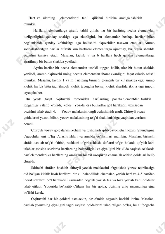 axshi bilish, yozuv malakasining to'g'ri shakllanishiga yaqindan yordam beradi. chiroyli yozuv qoidalarini ixcham va tushunarli qilib bayon etish lozim. shundagina o'quvchilar uni to'liq o'zlashtrishlari va amalda qo'llashlari mumkin. masalan, birinchi sinfda dastlab to'g'ri o'tirish, ruchkani to'g'ri ushlash, daftarni to'g'ri holatda qo'yish kabi talablar asosida so'zlarda harflarning balandligini va qiyaligini bir xilda saqlash so'zlarda harf elementlari va harflarning oralig'ini bir xil uzoqlikda chamalab ochish qoidalari kelib chiqadi. ikkinchi sinfdan boshlab chiroyli yozish malakasini o'rgatishda yozuv texnikasiga oid bo'lgan kichik bosh harflarni bir xil balandlikda chamalab yozish harf va 4-5 harfdan iborat so'zlarni qo'l harakatini uzmasdan bog'lab yozish tez va toza yozish kabi qoidalar talab etiladi. yuqorida ko'rsatib o'tilgan har bir qoida, o'zining aniq mazmuniga ejga bo'lishi kerak. o'qituvchi har bir qoidani asta-sekin, o'z o'rnida o'rganib borishi lozim. masalan, dastlab yozuvning qiyaligini tag'ri saqlash qoidalarini talab etilgan bo'lsa, bu alifbegacha bo'lgan davrni o'z ichiga oladi. bolalar qiya chiziqlarning yaxshi bilib olganlaridan so'ng …