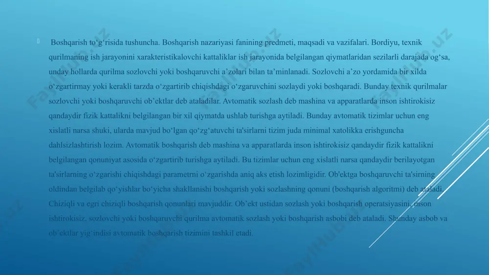 ellarni sozlash bo‘yicha m.tolle (1905), u.trinsk (1919), issiqlik va bug‘ kuch qurilmalarida-t.shteyn (1926), g.vonsh (1930), yu.g.kornilov va v.d.piven (1930 yillar), bug‘ turbinalarida a.v.sheglyaev (1933), turli ishlab chiqarish jarayonlarida – v.oppelt (1939) va hokazolar ma’lum bir ishlarni bajardilar. keyinchaliq ya’ni 1932 yilga kelib x.naykvistning turg‘unlik mezoni, a.v.mixaylovning “sozlash nazariyotida garmonik usullar” (1938) nomli maqolasi yuzaga kelib oxirgisidan turg‘unlikni, ya’ni barqarorlikni tahlil qilishda chastotali usullar maqsada muvofiq ekanligi ko‘rsatib o‘tildi. 1946 y. ga kelib g.bode va l.mak – kol logarifmik chastotali xarakteristikalarini trapetsiyalar yig‘indisi bilan approksimirovat qilishni tavsiya etadi. g.braun, a.holl, d.kempell, g.chestnast, v.v.solodovnikovlar tizimlarini hisoblash va sintez qilishning chastotali usullarini ishlab chiqib yakunlanadilar. 40-50 yillarga kelib egri chiziqli tizimlar nazariyoti asoslari ishlab chiqila boshladi. bu muammo egri chiziqlilik bilan bog‘liq masalalar uchun yagona matematik apparat yo‘qligi uchun bir muncha qiyinchiliklarga duch keldi. egri chiziqli analitik xarakteristikanoma tizimlarini barqarorligini tadqiqot qilishda eng muhim yo‘nalishlar biri a.a.lyapunovning (1896) ishlarida o‘z aksini topgan bo‘lsa, …