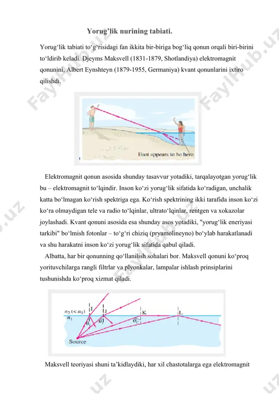 g tarkibiy qismi bo‘lib, ma’lum uzunliklarga ega bo‘lgan to‘lqin uzunliklaridir. yorug‘lik nurini shisha prizma orqali o‘tkazib, isaak nyuton quyosh yorug‘ligi har xil ranglardan iborat bo‘lishini isbot qildi, quyosh nuri prizmada sinib, yorug‘lik spektrini hosil qiladi. to‘lqinlar qanday chastota yoki uzunlikka ega bo‘lishidan qat’iy nazar prizma orqali o‘tganda turli ranglarda: qisqa to‘lqinlar spektrning havorang qismi (fiolet, ko‘k, xavo rang), o‘rta to‘lqinlar spektrning yashil-sariq qismi, uzun to‘lqinlar esa spektrning to‘q sariq-qizil qismilariga bo‘linadi. xalqaro birliklar sistemasida bu ranglar qisqartirilgan xolda r, g, b nomlarini olgan. ranglar inson ko‘zi qabul qiladigan to‘lqin uzunliklariga mos keladi. ayrim hashorot va hayvonlar insonlardan farqli ravishda boshqa to‘lqin uzunliklarini qabul qiladi va boshqacha ranglarni ko‘radi. inson ko‘zi ko‘ra oladigan to‘lqin uzunligi 380-780 nm oraliqqa to‘g‘ri keladi. fiolet to‘lqinlardan qisqa bo‘lgan to‘lqinlar ultrafiolet, qizildan uzun bo‘lgan to‘lqinlar infraqizil to‘lqinlar deb nomlanadi. yorugʻlik — inson koʻzi sezadigan (tebranish chastotasi 4,0yu14—7,5yu14 gs) elektromagnit toʻlqinlar. bu vakuumda. toʻlqin uzunligi ~ 400 …