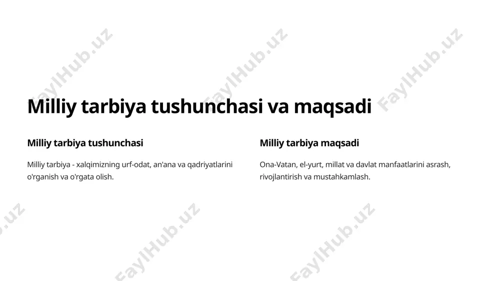 illiy urf-odat va ma'naviy-axloqiy merosning tarbiyaviy ahamiyati 1 milliy urf-odat milliy urf-odat, an'analar va marosimlar avlodlar o'rtasida ma'naviy-axloqiy rivojlanishni ta'minlaydi. 2 ma'naviy-axloqiy meros xalq donoliklarida o'z aksini topgan ma'naviy-axloqiy qadriyatlar tarbiyada muhim o'rin egallaydi. 7 oilaviy tarbiyaning etnopedagogik xususiyatlari ona-bola munosabalari ona-bola o'rtasidagi sog'lom hamda mehr-oqibatli munosabatlar tarbiyada muhim o'rin tutadi. oila an'analari oilada qo'llaniladigan milliy urf-odat, marosimlar va bayramlar tarbiya samaradorligini oshiradi. oilaviy qadrivatlar mehnatsevarlik, ota-ona hurmat, mehr-oqibatlilik, o'zaro yordam kabi qadriyatlar oilaviy tarbiyaning asosini tashkil etadi. 8 milliy tarbiyaning zamonaviy yondashuvlari milliy g'oya mustaqillikni mustahkamlash, yuksak ma'naviyatli avlodni tarbiyalash. innovatsion yondashuv milliy qadriyatlar va urf-odatlarni zamonaviy texnologiyalar bilan uyg'unlashtirish. globallashuv va milliylashuv dunyo tajribasini o'rganish va milliy an'analarni rivojlantirish. 9 xulosa va tavsiyalar xulosa milliy tarbiya va etnopedagogika xalqimizning boy ma'naviy-axloqiy va madaniy merosidan kelib chiqadi hamda ularni avlodlarga yetkazish muhimdir. tavsiyalar etnopedagogika qoidalarini oilaviy tarbiyada, ta'lim va yosh avlod tarbiyasida ko'proq qo'llash, milliy g'oyani kuchaytirish, innovatsion yondashuvlarni …