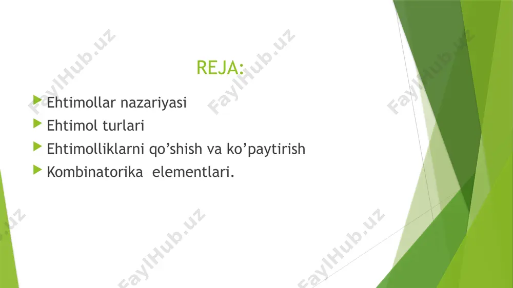 i? javob: tayyorlangan biletlar soni: 35-14=21 ta azizbekka aynan tayyorlangan biletlari tushishi ehtimollikgi: misol va masalalar: 1) daslabgi 100 ta sonlar ichidan tasodifan tanlangan sonning 5 ga bo’linish ehtimolligini toping. 2) 2 xonali sonlar ichida tasodifan tanlangan sonning barcha raqamlari juft bo’lish ehtimolligini toping. 3) qutida 5 ta oq 6 ta ko’k va 4 ta sariq sharlar bor. a) tasodifan tanlangan sharning ko’k bo’lish ehtimolligini toping. b)tasodifan tanlangan sharning oq yoki ko’k bo’lish ehtimolligini toping. 4) a)2020-yili 29-fevralda tug’ulish ehtimolligini toping? b) 2023-yili 25-yanvarda tug’ulish ehtimolligini toping? 5) tangaga oid masalalar . a) bitta tanga tashlangan paytda gerb tomon tushish ehtimolini toping.(raqam tomon) b)2 ta tanga tashlangan paytda ikkalasi ham raqam tushish ehtimolligini toping. c) ikkita tanga tashlangan paytda eng kamida bitta raqam tushish ehtimolligini toping. tanga bilan bog’liq masalalarda umumiy hodisalar soni: d) 3 ta tanga tashlangan paytda uchchalasi ham gerb tushish ehtimolligini toping. e) uchta tanga tashlangan paytda …
