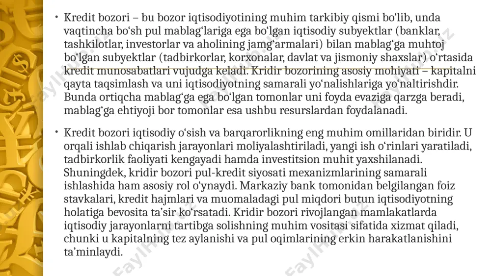 shadi. qarz oluvchilar esa yuridik va jismoniy shaxslar, davlat idoralari yoki korporatsiyalar bo‘lishi mumkin. ushbu ikki tomon o‘rtasidagi kredit munosabatlari turli moliyaviy vositalar va shartnomalar orqali tartibga solinadi. kredit bozori o‘z ichida bir nechta turlarga bo‘linadi. eng asosiy turlaridan biri — bank krediti bozori, bunda tijorat banklari o‘z mijozlariga turli maqsadlarda kredit beradi. davlat krediti bozorida esa davlat byudjeti yoki xalqaro moliya institutlari tomonidan kreditlar ajratiladi, bu odatda ijtimoiy loyihalarni yoki infratuzilmani rivojlantirishga yo‘naltiriladi. iste’mol krediti bozori jismoniy shaxslarga mo‘ljallangan bo‘lib, ularning tovarlar va xizmatlarni xarid qilish imkoniyatini kengaytiradi. korporativ kredit bozori esa yirik kompaniyalar o‘rtasidagi qarz va moliyaviy bitimlarni o‘z ichiga oladi. bundan tashqari, xalqaro kredit bozori ham mavjud bo‘lib, unda turli mamlakatlar o‘rtasida kapital almashinuvi amalga oshiriladi. oltin bozorining ahamiyati va narxiga ta’sir etuvchi omillar oltin bozori – bu oltinni sotib olish, sotish, saqlash va unga investitsiya kiritish bilan bog‘liq bo‘lgan iqtisodiy munosabatlar majmuasidir. oltin qadimdan insoniyat tarixida …