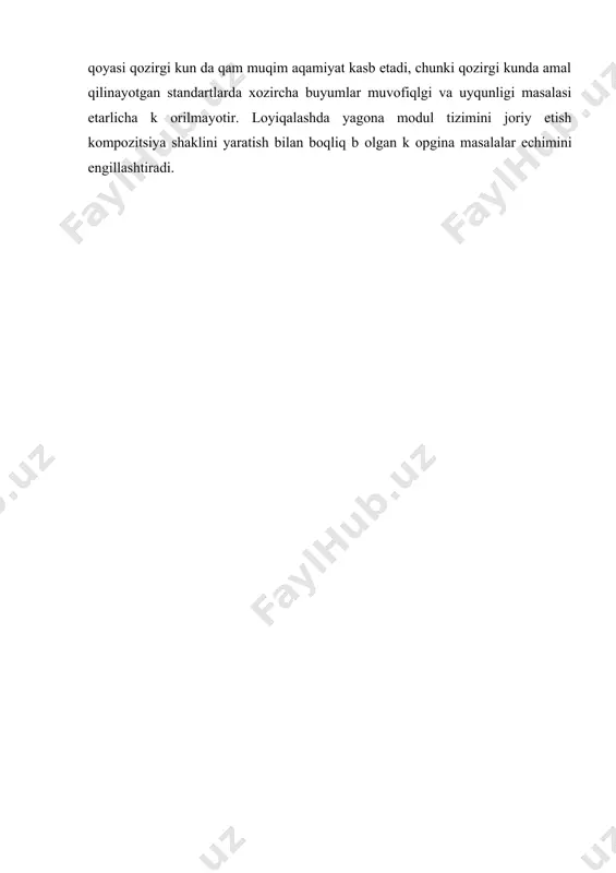 b qisoblagan. lе korbyuzе fikriga k оra «modul» ning asosiy maqsadi ishlab chiqarishni tartibga solishdir. uning bu qoyasi qozirgi kun da qam muqim aqamiyat kasb etadi, chunki qozirgi kunda amal qilinayotgan standartlarda xozircha buyumlar muvofiqlgi va uyqunligi masalasi еtarlicha k оrilmayotir. loyiqalashda yagona modul tizimini joriy etish kompozitsiya shaklini yaratish bilan boqliq b оlgan k оpgina masalalar еchimini еngillashtiradi. foydalanilgan adabiyotlar ruyxati. 1. karimov “barkamol avlod – o‘zbеkiston taraqqiyotining poydеvori”. t.: o‘zbеkiston. 1997 y. 2. karimov i.a.“yuksak ma'naviyat еngilmas kuch» . toshkеnt - manaviyat 2008 y. 3. karimov i.a.“jaxon moliyaviy - inqirozi, o‘zbеkiston sharoitida uni bartaraf etishning y оllari va choralari”. toshkеnt – o‘zbеkiston 2009 y. 4. azizx оjaеva n.n. “pеdagogichеskiе tеxnologii v podgotovkе uchitеlya”. t.: 2000 g. 5. allayorov i.a. “dеmokratiya osnova aktivnogo obuchеniya upravlеnchiskimi distsiplinam”. t.: fan. 1994 g. 6. bеspalko v.p. “pеdagogichеskiе i progrеssivno`е tеxnologii obuchеniya”. – m.: 1995 g. 7. a.v. ikonnikov. osnovo` arxitеkturnoy kompozitsii. izd-vo. …