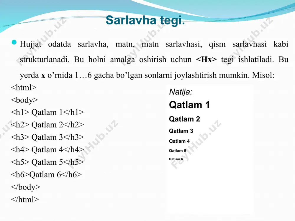 i yuqori indeksni yozish uchun ishlatiladi. va teglari pastki indekslarni yozish uchun ishlatiladi. tegi yangi satrdan yozish uchun ishlatiladi. bu teglar qatnashgan quyidagi misolni ko‘ramiz: turli xil ko‘rinishda yozish qalinlashtirilgan matn kursiv shaklidagi matn ostiga chizilgan matn kichraytirilgan matn kattalashtirilgan matn suvni kimyoviy formulasi: h 2 o kvadrat formula: x 2 +x+2=0 web sahifada grafik tasvirlarni joylashtirish. grafik obyekt deganda har xil tipdagi rasmlar, fotorasmlar, tovushli fayllar va videokliplarni tushuniladi. brauzerlar quyida yozilgan formatdagi grafik (rasm) fayllarni tasvirlaydi: gif; jpg; png; gif formatidagi fayllar animatsion tasvirlarni yaratish imkonini beradi. jpg fayllar fototasvirlarni saqlash uchun ishlatiladi. png formati esa tasvirning yuqori sifati va grafik faylning kichik hajmda bo‘lishini ta’minlaydi. web sahifada grafik fayllarni tasvirlash uchun tegi o‘zining bir qancha parametrlari bilan qo‘llaniladi. bu teg o‘zining yopiluvchi tegiga ega emas. tegining asosiy uchta parametri mavjud: src alt border src - parametr orqali tasvirlanishi kerak bo‘lgan obyekt manzili ko‘rsatiladi. alt-parametri orqali tasvirga izoh …