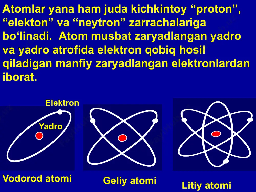 актеристикаси. radioaktiv nurlanish chiqarish qobilyatiga ega elementlar radioaktiv deb ataladi, radioaktiv elementlardan chiqadigan nurlanish esa radioaktiv nurlanish deyiladi. moddalarning odamlar va hayvonlar hayoti uchun xavfli bo‘lgan ko‘zga ko‘rinmaydigan radioaktiv nurlar chiqarish (yemirilish) qobilyatiga radioaktivlik deyiladi. “radioaktivlik” (o‘z-o‘zidan yemirilish) so‘zi polyak tilidan kelib chiqib, mustaqil nurlanish, degan ma’noni anglatadi. radioaktivlikni o‘lchov birligi si tizim (sistema internasionalnaya-xalqaro tizim) bo‘yicha bekkerel (bk) qabul qilingan. xozirgi vaqtda 50 dan ortiq tabiiy va 1000 ortiq sun’iy radioaktiv izotoplar mavjud. 11 12 radioaktiv nurlanishning quyidagi turlari mavjud: alfa-nuri, beta-nuri, gamma nuri va neytronlar nuri. 13 alfa- nurlar musbat zaryadlangan alfa zarrachalar oqimi. alfa -zarrachalar - bu geliy atomining yadrosi. u ikkita proton va ikkita neytronlardan iborat. boshlang‘ich harakat tezligi 10-20 km/sek. ularning kirish qobiliyati juda kichik, oddiy qog‘oz varag‘idan ham o‘ta olmaydi (havoda 10 sm gacha yo‘l bosadi, biologik to‘qimalarda 0,1 sm dan oshmaydi). kiyim-kechak alfa zarrachalardan toliq ushlab qoladi. organizmga tushganda xavfli bo‘ladi 14 beta …