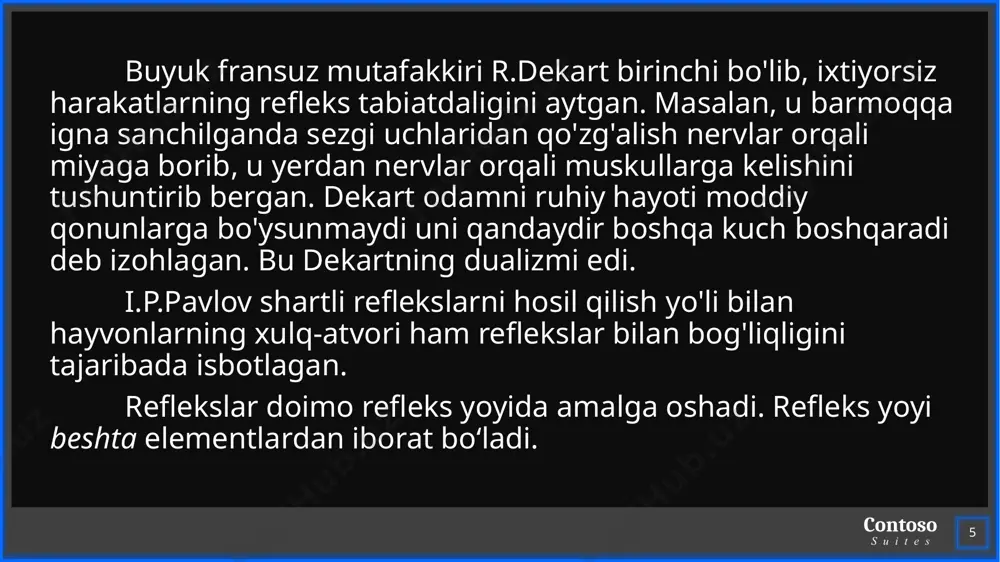 adi.reflekslar oʻzaro taʼsirining morfologik asosi nerv tizimida oraliq neyronlarning mavjudligi hisoblanadi. oraliq neyronlar bir nechta refleks yoylari yo‘llari tarkibiga kirishi mumkin. reflekslarni o‘zaro ta’siri natijasida javob reaksiyasi kuchayishi yoki susayishi mumkin. masalan, og’iz bo‘shlig‘idagi taktil va ta‘m bilish reseptorlarini qo‘zg‘atilsa so‘lak ajaralish refleksi kuchayadi va yutish refleksi hamda nafas olish refleksini tormozlaydi. reflekslarning o‘zaro uyg‘unlashuvi yoki koordinasiyalanishi bir qator mexanizmlar orqali amalga oshadi. contoso suites konvergensiya ko‘p hollarda turli nerv yo‘llari orqali kelayotgan qo‘zg‘alish impulslari bitta oraliq yoki efferent neyronga keladi. ya’ni bitta neyronga konvergensiyalanadi. markaziy nerv tizimida konvergensiya jarayonining mavjudligi turli yo‘llardan kelayotgan axbortni bir joyga to‘planishi, organizmni zarur javob reaksiyasini tayyorlashni osonlashtiradi. nerv markazlarining okklyuziya yig‘ilish va osonlanishi xususiyatlari konvergensiya jarayoni bilan bog’liq. 18 contoso suites qo‘zg‘alishlarning irradiatsiyalanishi nerv markaziga kelayotgan ta’sirotlar kuchli va uzoq davom etsa, o‘sha markazdagi neyronlarnigina qo‘zg‘atib, qolmasdan boshqa markazlardagi neyronlarni ham qo‘zg‘atadi. markaziy nerv tizimida qo‘zg‘alishni shu tariqa tarqalishini irradiatsiya deb ataladi. markaziy …