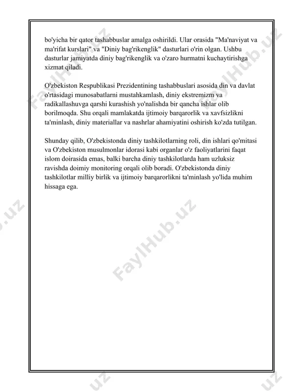 niy ishlar boʻyicha davlat qoʻmitasi tashkil etilgan. ushbu qoʻmita mamlakatdagi diniy vaziyatni yaxindan kuzatib boradi va dinlararo munosabatlarni muvofiqlashtiradi. raqamlar va ma'lumotlar mamlakatda diniy erkinlikning rasmiy doirada ta'minlanganligini, shu bilan birga xususan, davlat va diniy tashkilotlar oʻrtasidagi aloqalarni yanada mustahkamlash yoʻlida olib borilayotgan islohotlar va chora-tadbirlar koʻlamini koʻrsatadi. o‘zbekistonda davlat va diniy tashkilotlar o‘zaro ajratilgan. davlat hech bir dinga ustunlik bermaydi va din bilan bog‘liq masalalarda neytral pozitsiyani saqlaydi. shu bilan birga, davlat diniy tashkilotlarning qonuniy doirada faoliyat yuritishini ta’minlaydi. diniy tashkilotlar o‘z nizomlariga va mamlakat qonunlariga rioya qilgan holda ishlaydi. diniy erkinliklarning asosiy maqsadi fuqarolar o‘rtasida tinchlik, bag‘rikenglik va o‘zaro hurmatni mustahkamlashdir. fuqarolar o‘z diniy marosimlarini o‘tkazish, diniy tadbirlarni tashkil etish va ularda ishtirok etish huquqiga ega. ushbu faoliyatlar diniy binolarda, xususiy uylar yoki boshqa qonuniy joylarda amalga oshirilishi mumkin. shu bilan birga, diniy ibodatlar va tadbirlar davlat xavfsizligi, jamoat tartibi yoki boshqa fuqarolarning huquqlari va erkinliklariga zarar yetkazmasligi …