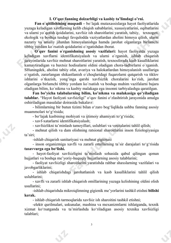 b kasalliklarini tahlil qilish uslublarini; - xavfli va zararli ishlab chiqarish omillarining yuzaga kelishining oldini olish usullarini; -ishlab chiqarishda mikroiqlimning gigienik me’yorlarini tashkil etishni bilishi kerak. - ishlab chiqarish tarmoqlarida xavfsiz ish sharoitini tashkil etishni; -elektr qurilmalari, uskunalar, mashina va mexanizmlarni ishlatganda, texnik xizmat ko‘rsatganda va ta’mirlashda ko‘riladigan asosiy texnika xavfsizligi talablari; - zararsiz ish sharoitini ta’minlovchi umumiy va shaxsiy himoya qilish vositalari; -yong‘in chiqish sabablari, ularning oldini olish va o‘chirishning tashkiliy va texnik vositalari; - favqulodda vaziyatlar turlari, ularning kelib chiqish sabablari, oqibatlarini tahlil qilish uslublari; - favqulodda vaziyatlarda insonlar va moddiy boyliklarni saqlash va qutqarish tamoyillari, uslublari va vositalari to‘g‘risida tushunchaga ega bo‘lishi kerak. - favqulodda vaziyatlarda insonlar va moddiy boyliklarni saqlash va qutqarish vositalarini ishlatish bo‘yicha ko‘nikmaga ega bo‘lishi kerak. -turli holatlarda jabrlanganlarga birlamchi tibbiy yordam ko‘rsata olish; - texnika, elektr va yong‘in xavfsizligi talab va me’yorlarini tez va qatiylik bilan amalda bajarish malakalariga ega bo‘lishi kerak. …